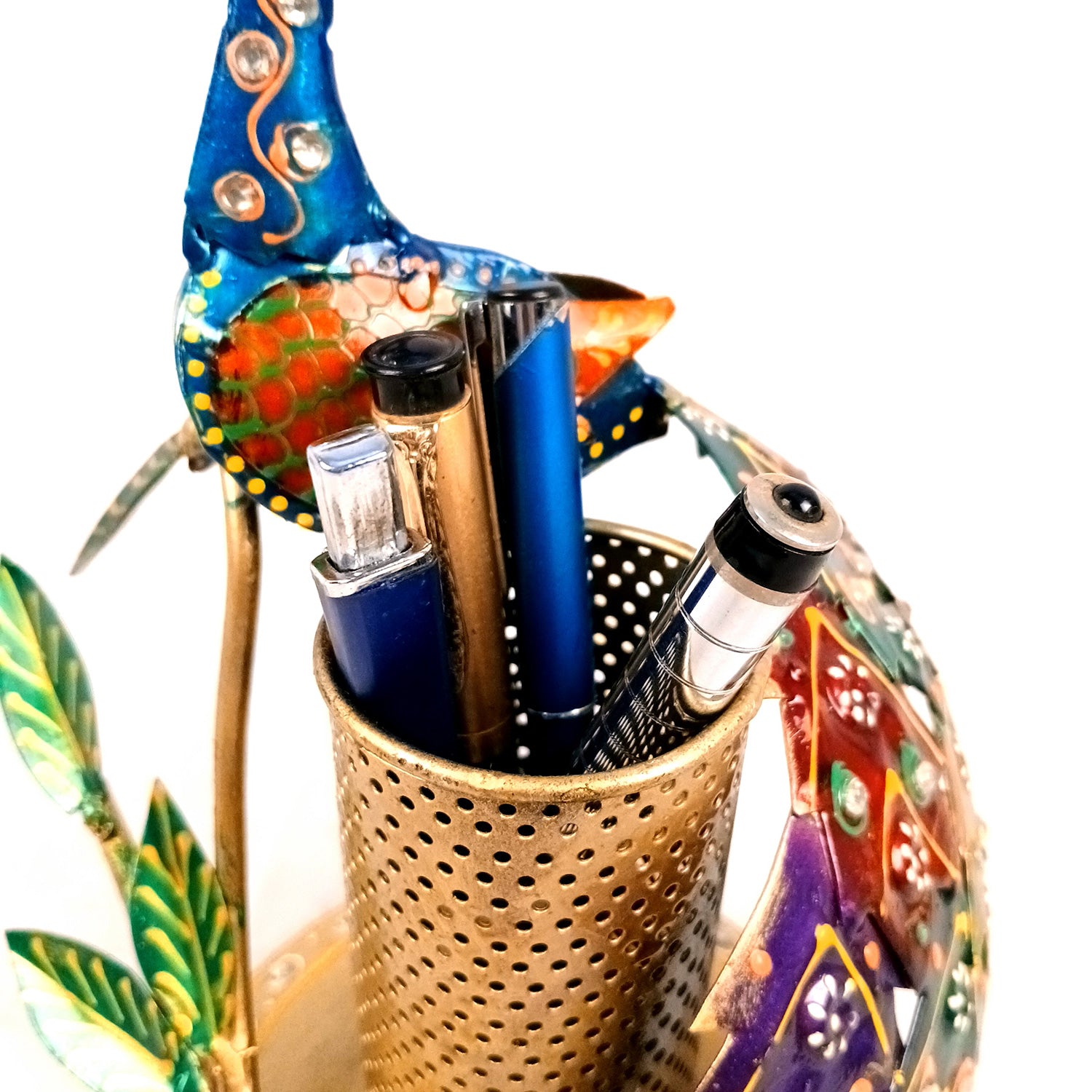 Peacock Pen Holder With Vibrant Color Feathers | Desk Organizer | Multipurpose Stand - For Gifts, Table, Desk Organizing, Home, Office Decor & Corporate Gifts - Apkamart