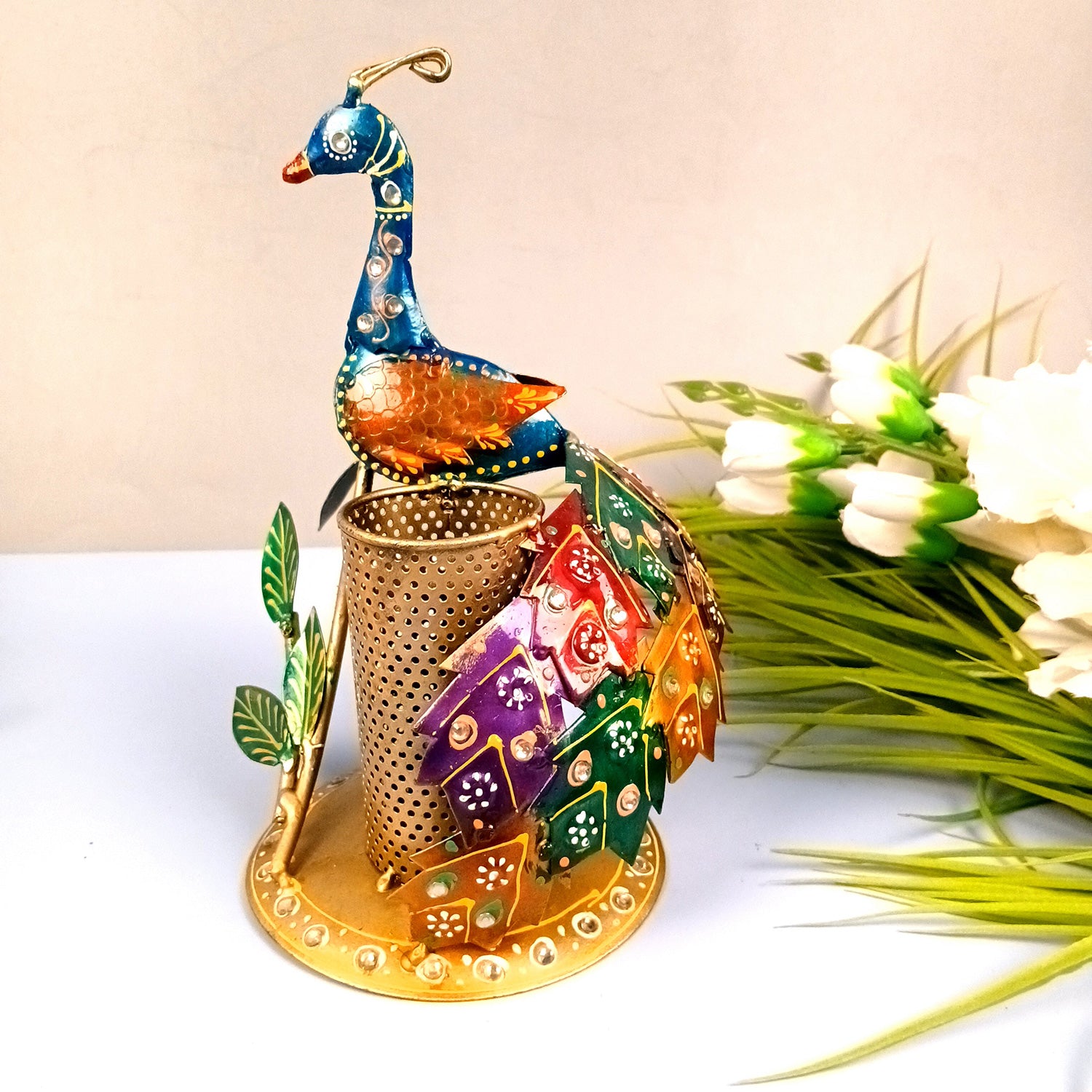 Peacock Pen Holder With Vibrant Color Feathers | Desk Organizer | Multipurpose Stand - For Gifts, Table, Desk Organizing, Home, Office Decor & Corporate Gifts - Apkamart