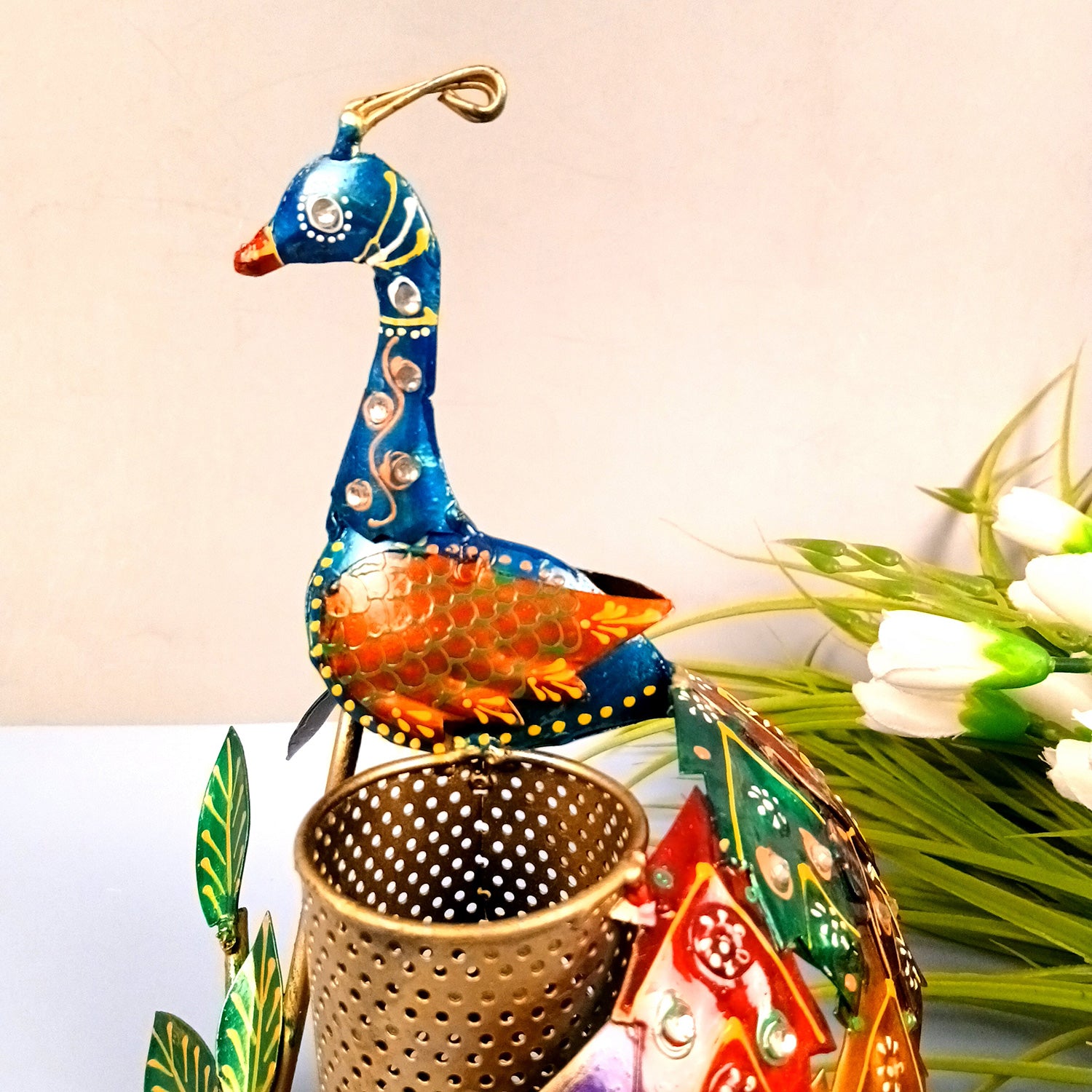 Peacock Pen Holder With Vibrant Color Feathers | Desk Organizer | Multipurpose Stand - For Gifts, Table, Desk Organizing, Home, Office Decor & Corporate Gifts - Apkamart