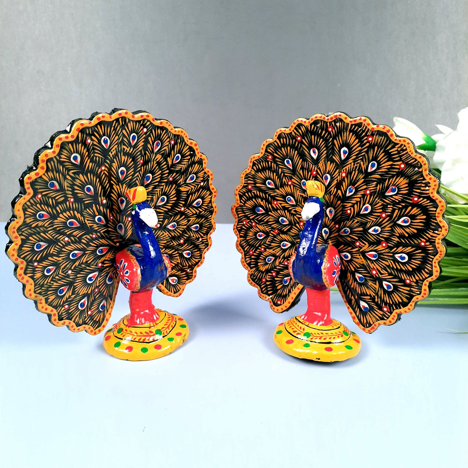 Dancing Peacock Showpiece Set | Wooden Peacock Statue | Animal Figurines - for Home, Table, Shelf, Living Room Decor, Gifts - 6 Inch - apkamart