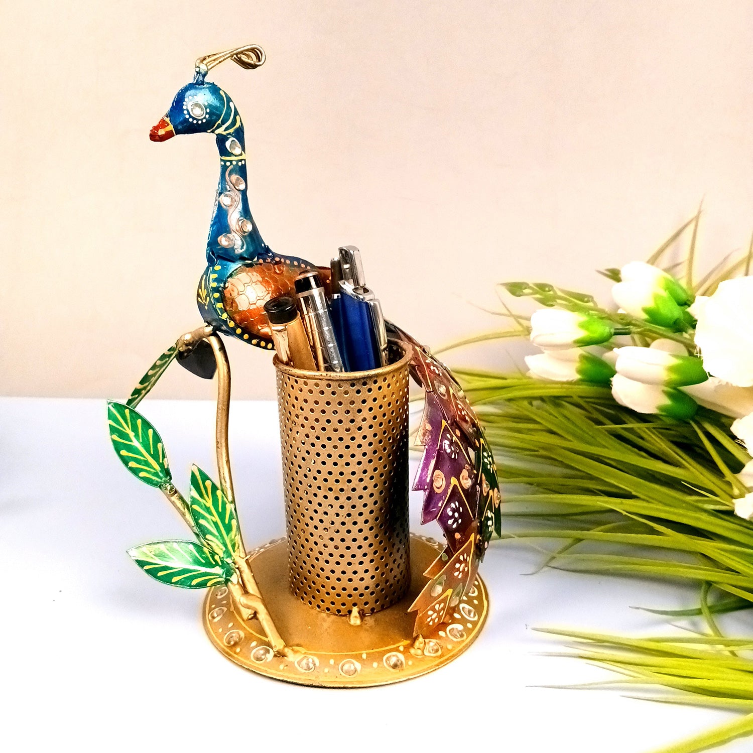 Peacock Pen Holder With Vibrant Color Feathers | Desk Organizer | Multipurpose Stand - For Gifts, Table, Desk Organizing, Home, Office Decor & Corporate Gifts - Apkamart