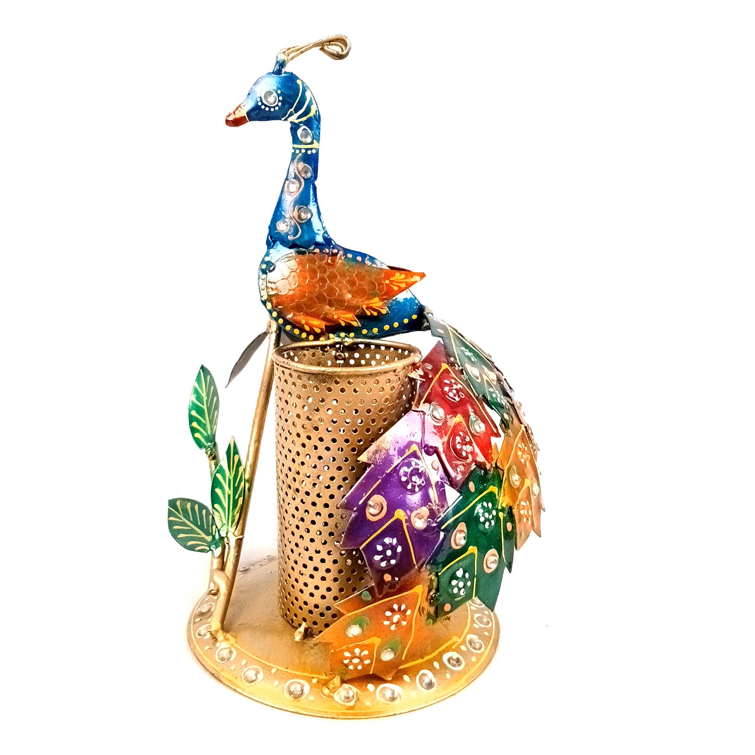 Peacock Pen Holder With Vibrant Color Feathers | Desk Organizer | Multipurpose Stand - For Gifts, Table, Desk Organizing, Home, Office Decor & Corporate Gifts - Apkamart