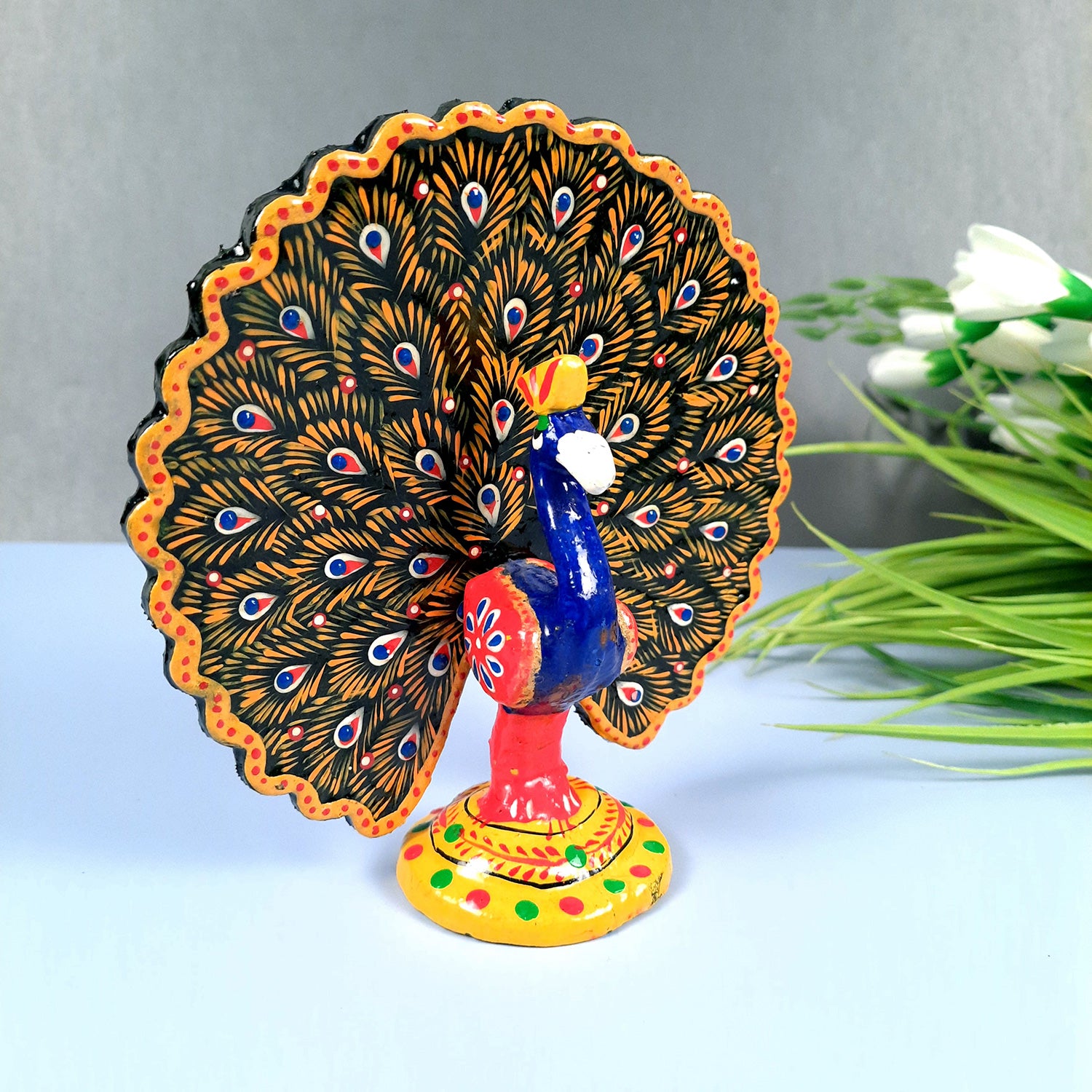 Dancing Peacock Showpiece Set | Wooden Peacock Statue | Animal Figurines - for Home, Table, Shelf, Living Room Decor, Gifts - 6 Inch - apkamart