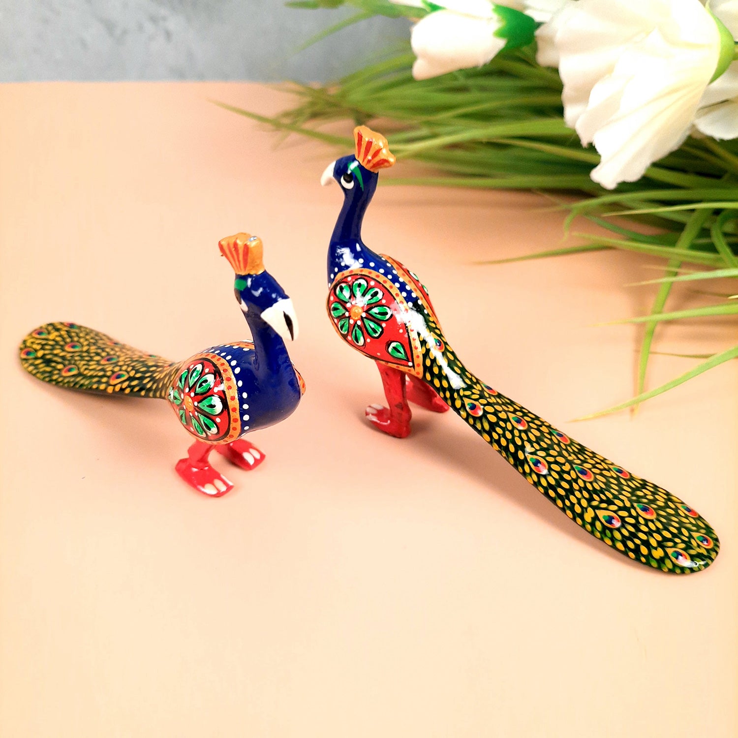 Peacock Showpiece Set | Handcrafted Peacock Figurine | Animal Figurines - for Home, Table, Shelf, Living Room Decor, Gifts - 3 Inch (Pack of 2) - apkamart