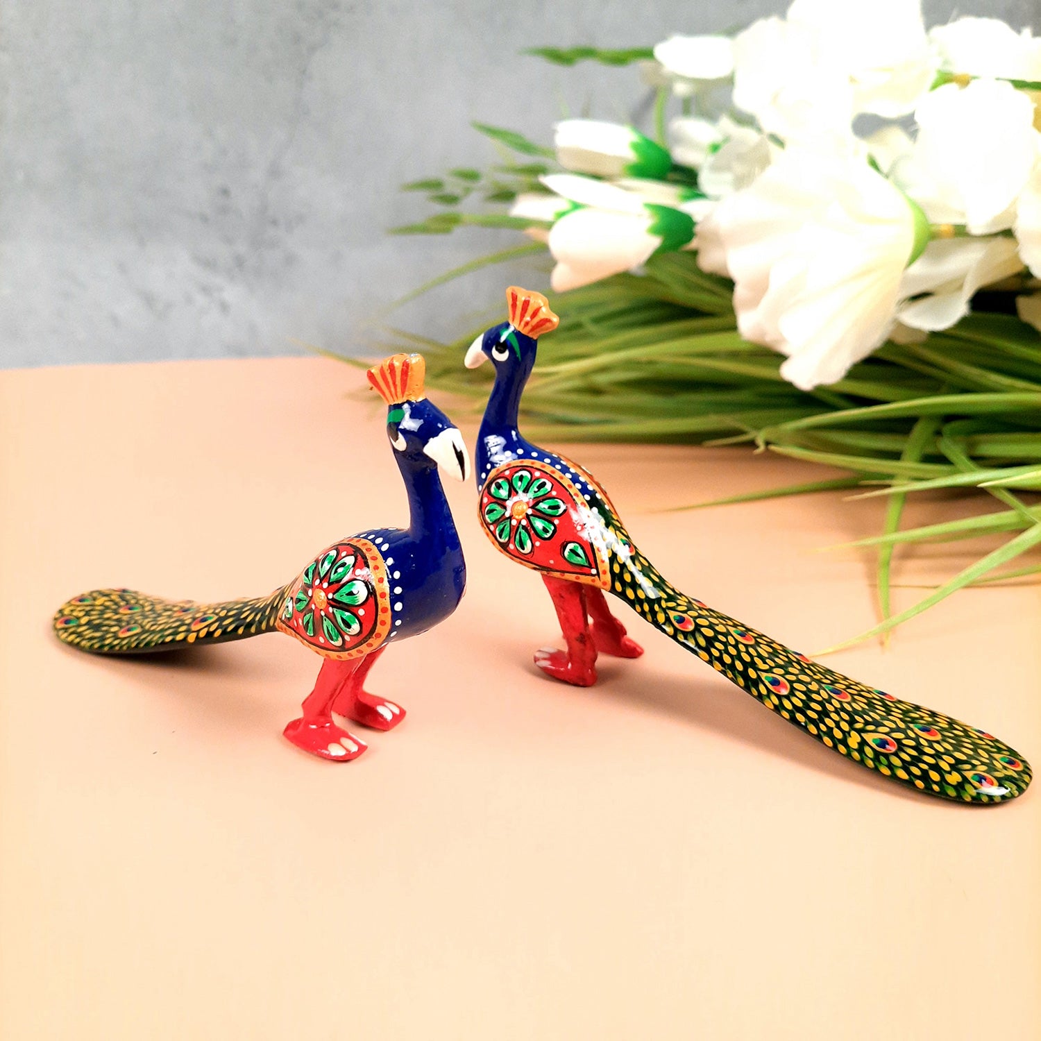 Peacock Showpiece Set | Handcrafted Peacock Figurine | Animal Figurines - for Home, Table, Shelf, Living Room Decor, Gifts - 3 Inch (Pack of 2) - apkamart