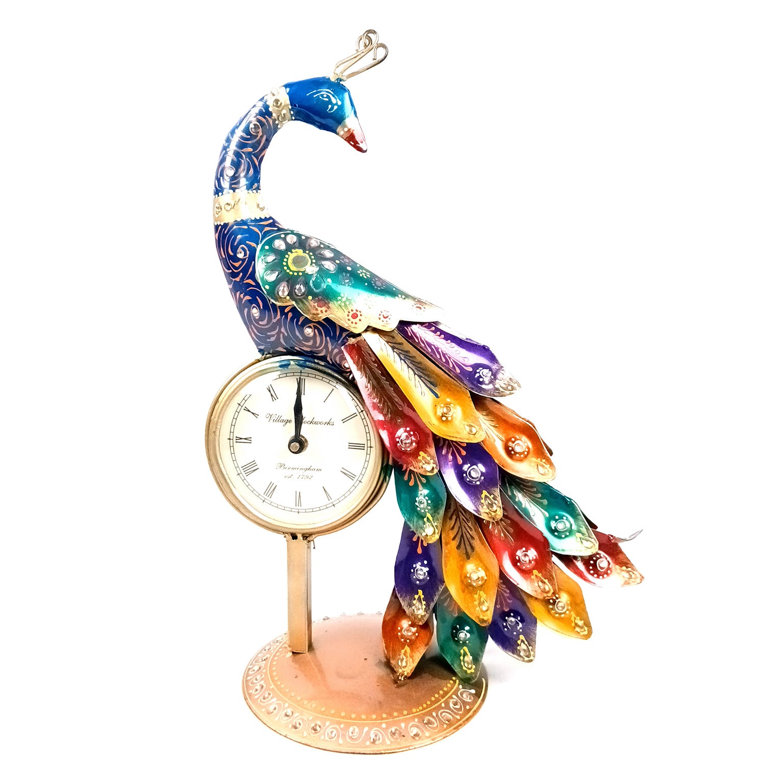 Peacock Table Clock with Multicolor Feather & Kundan Beads Work | Elegant Desk Showpiece for Home, Living Room, Study Table, Office Decor & Gift - apkamart