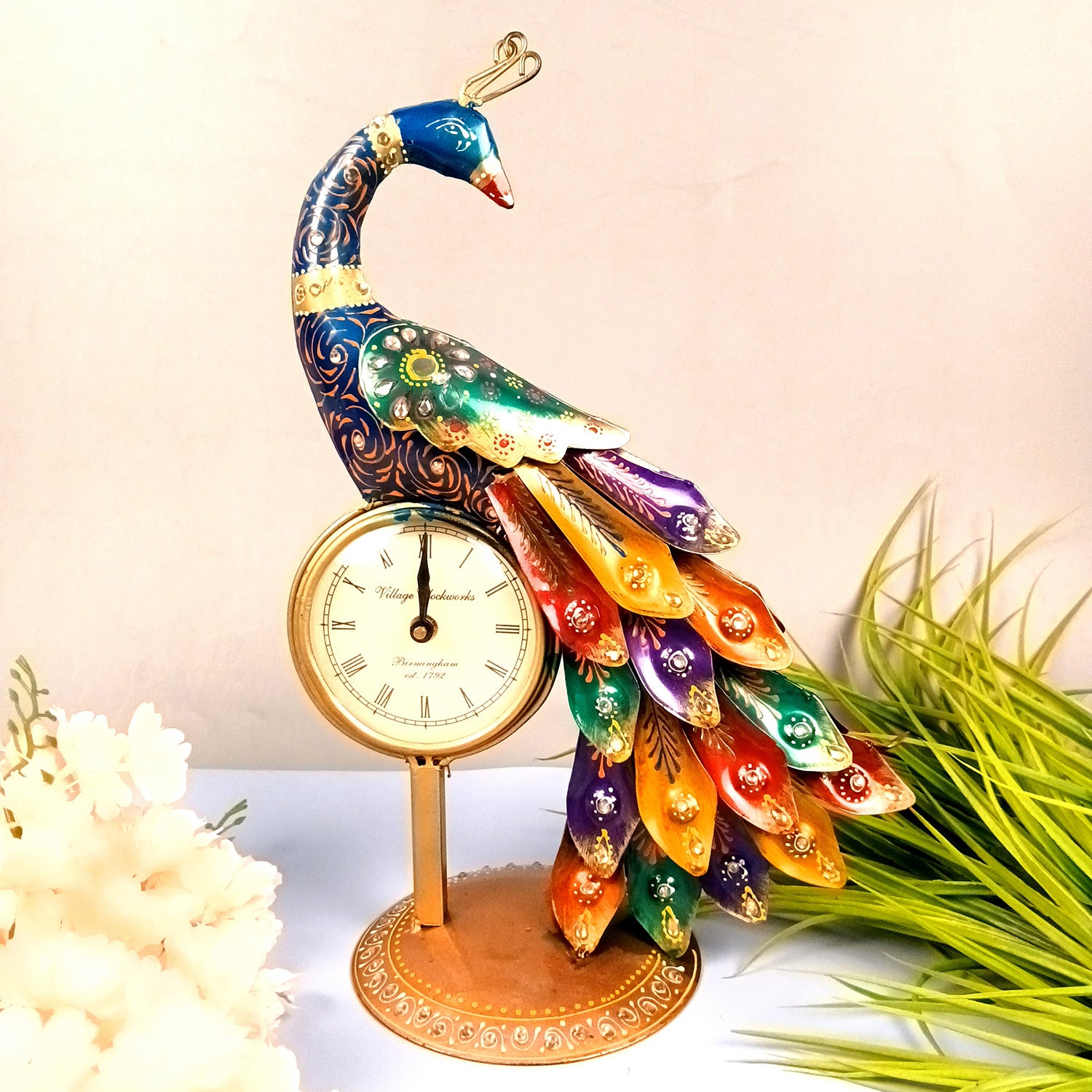 Peacock Table Clock with Multicolor Feather & Kundan Beads Work | Elegant Desk Showpiece for Home, Living Room, Study Table, Office Decor & Gift - apkamart