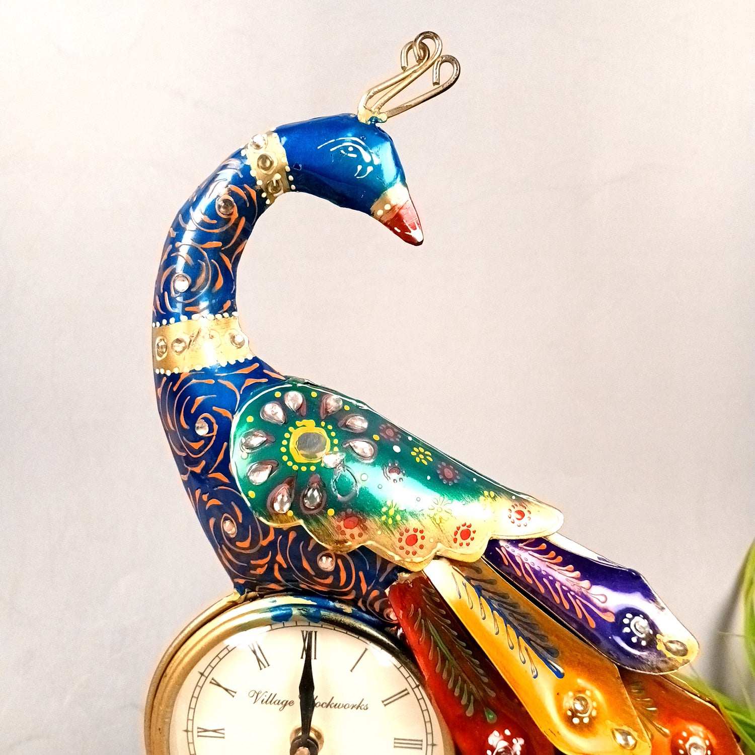 Peacock Table Clock with Multicolor Feather & Kundan Beads Work | Elegant Desk Showpiece for Home, Living Room, Study Table, Office Decor & Gift - apkamart