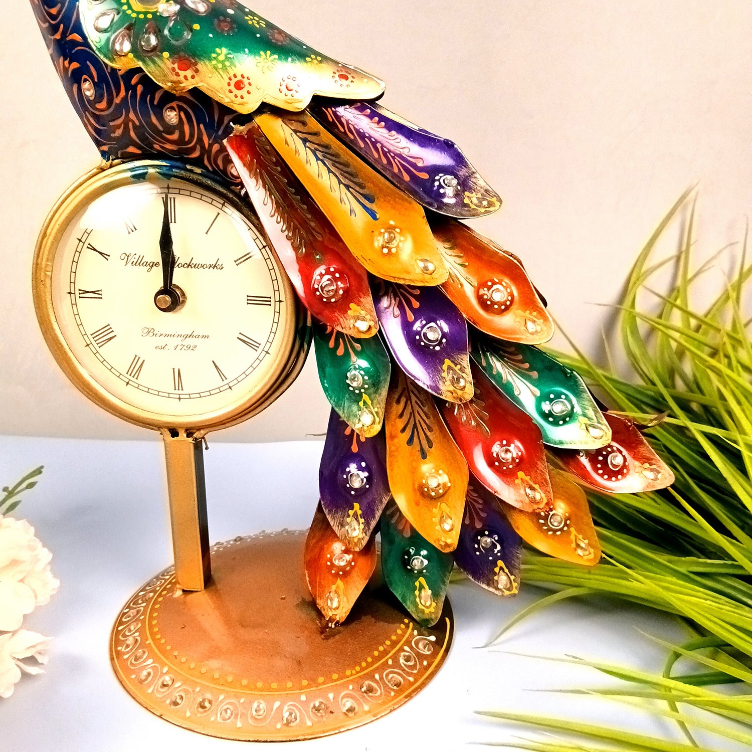 Peacock Table Clock with Multicolor Feather & Kundan Beads Work | Elegant Desk Showpiece for Home, Living Room, Study Table, Office Decor & Gift - apkamart