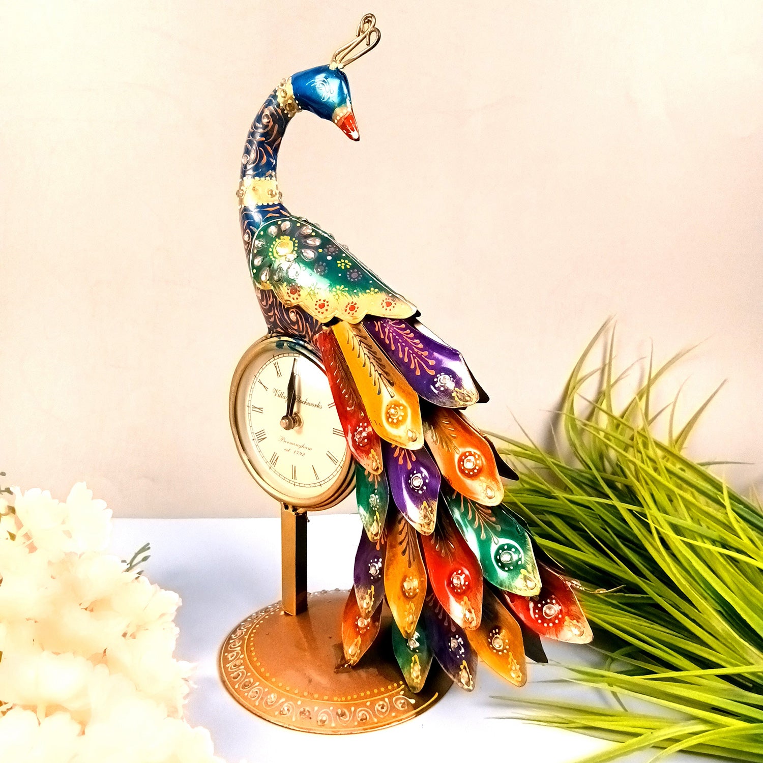 Peacock Table Clock with Multicolor Feather & Kundan Beads Work | Elegant Desk Showpiece for Home, Living Room, Study Table, Office Decor & Gift - apkamart