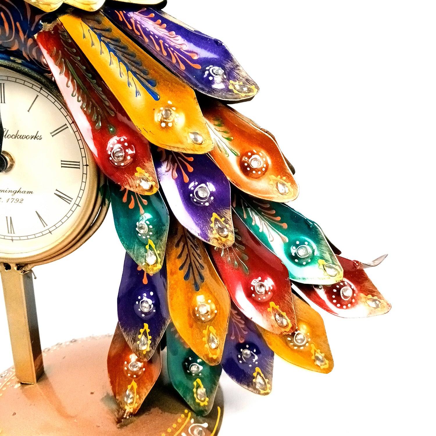 Peacock Table Clock with Multicolor Feather & Kundan Beads Work | Elegant Desk Showpiece for Home, Living Room, Study Table, Office Decor & Gift - apkamart