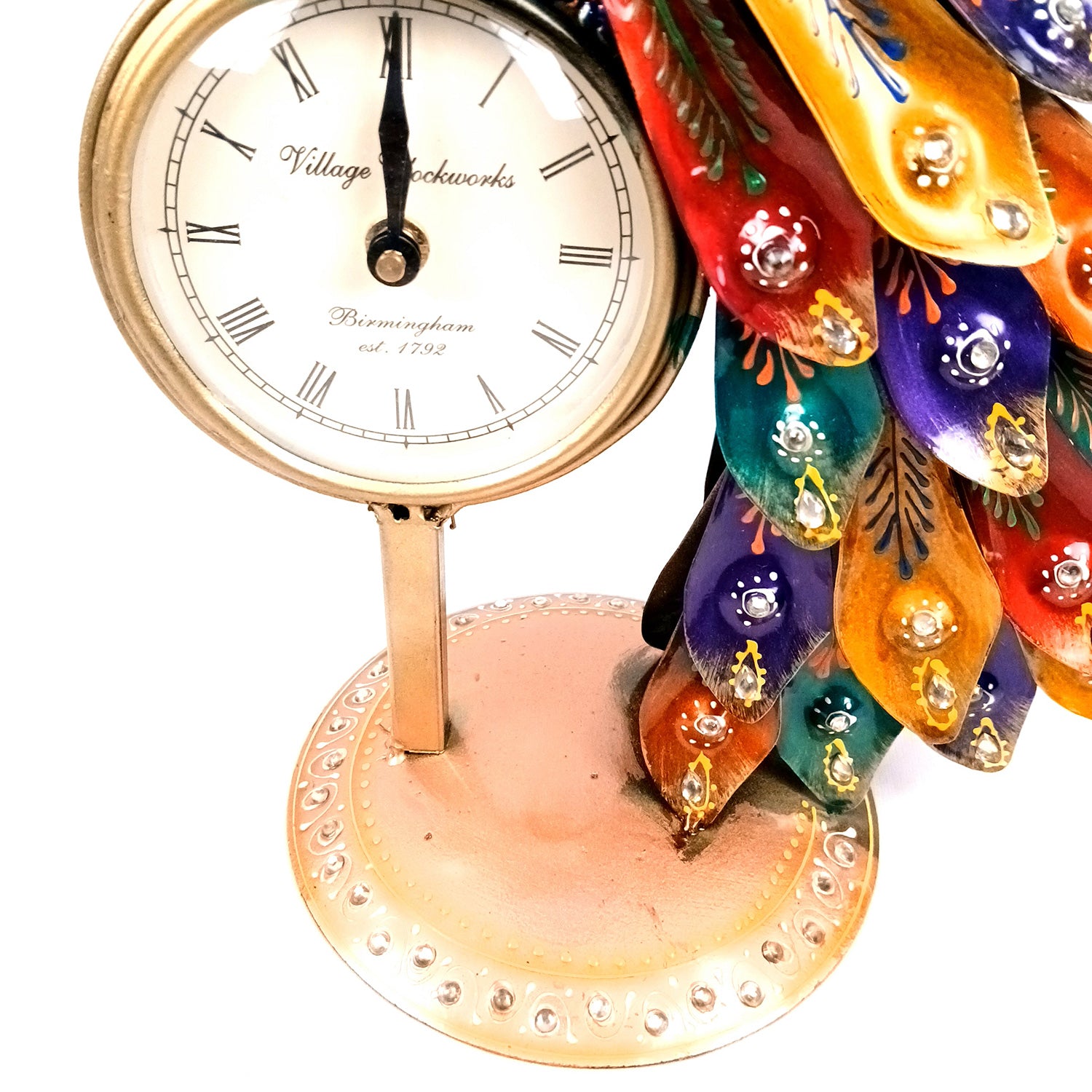 Peacock Table Clock with Multicolor Feather & Kundan Beads Work | Elegant Desk Showpiece for Home, Living Room, Study Table, Office Decor & Gift - apkamart