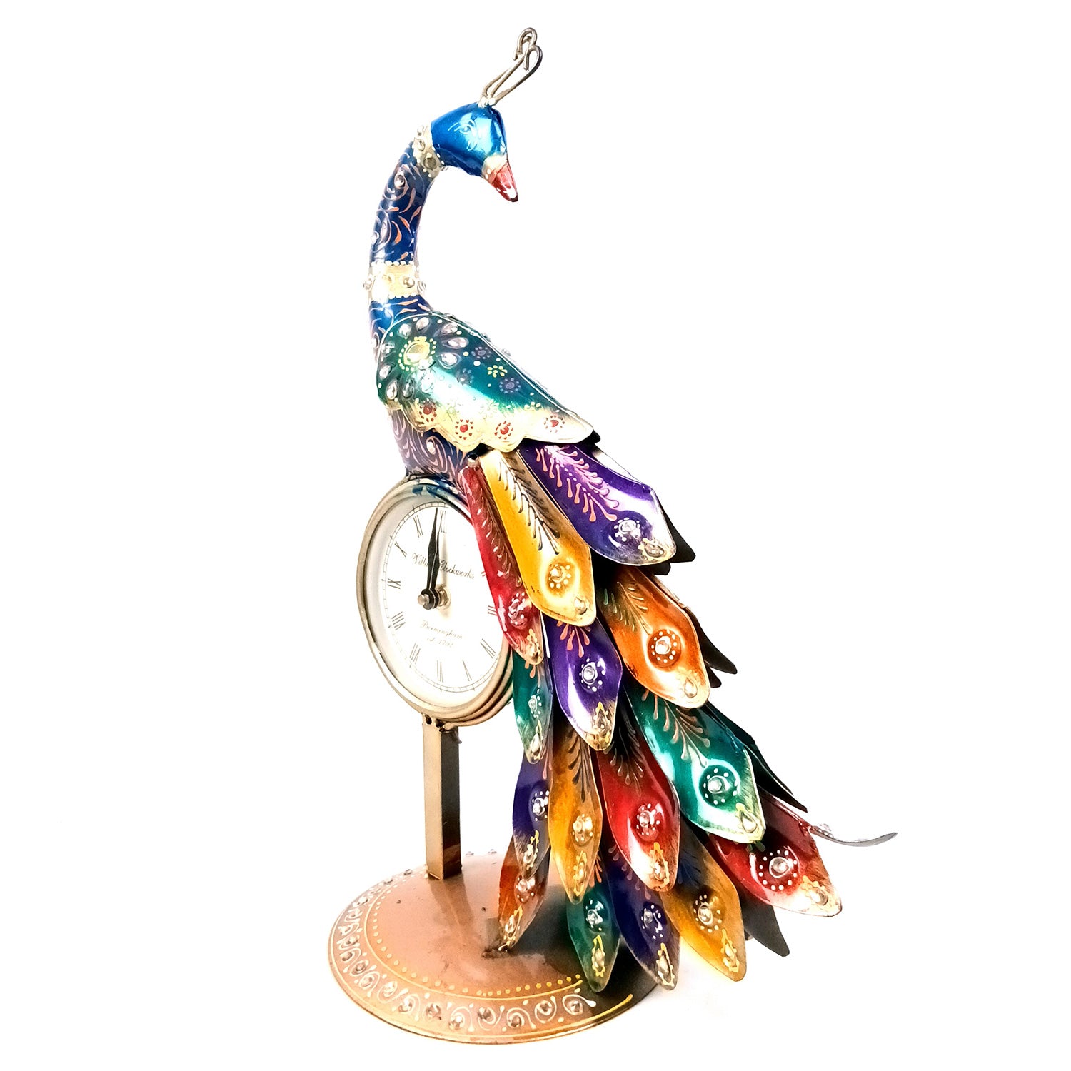 Peacock Table Clock with Multicolor Feather & Kundan Beads Work | Elegant Desk Showpiece for Home, Living Room, Study Table, Office Decor & Gift - apkamart