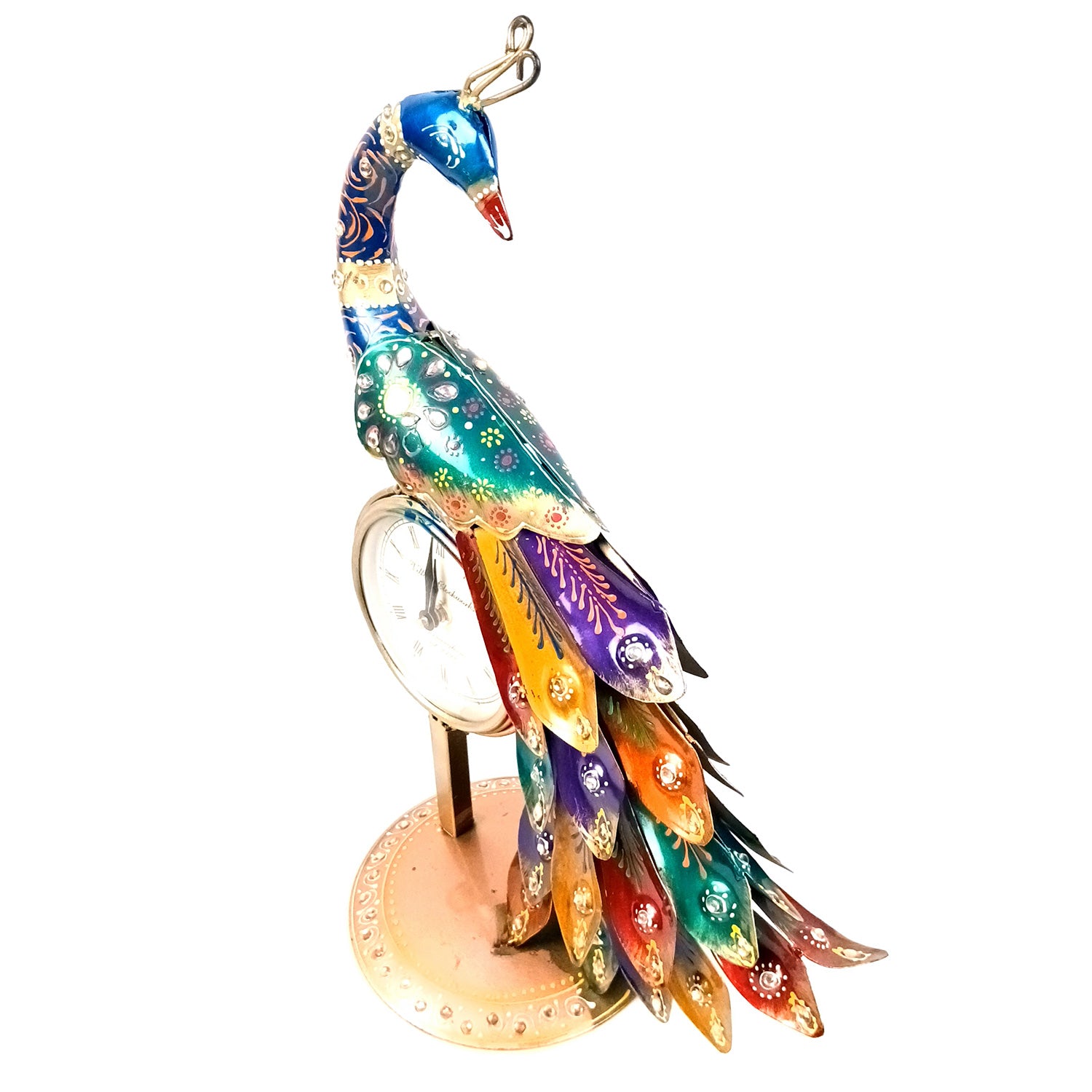 Peacock Table Clock with Multicolor Feather & Kundan Beads Work | Elegant Desk Showpiece for Home, Living Room, Study Table, Office Decor & Gift - apkamart