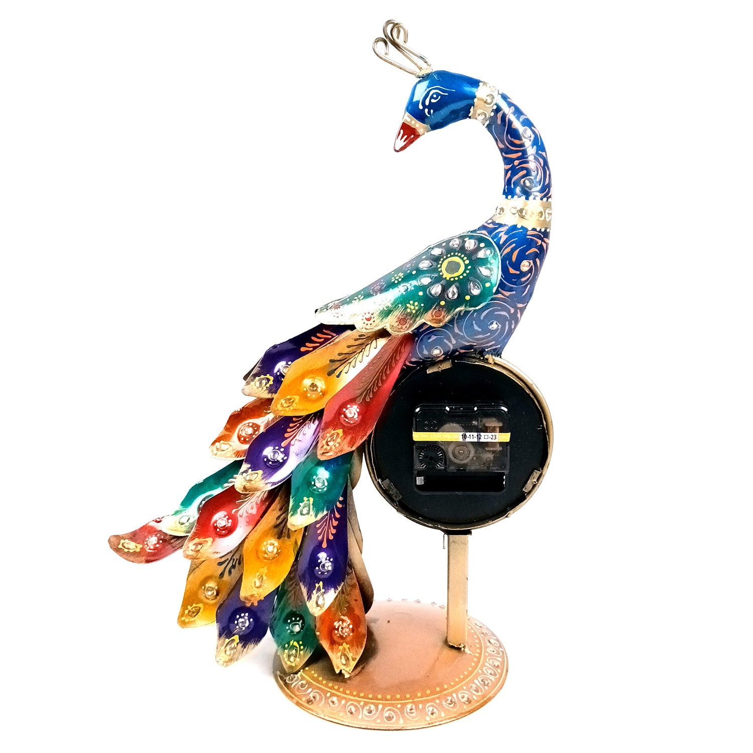 Peacock Table Clock with Multicolor Feather & Kundan Beads Work | Elegant Desk Showpiece for Home, Living Room, Study Table, Office Decor & Gift - apkamart