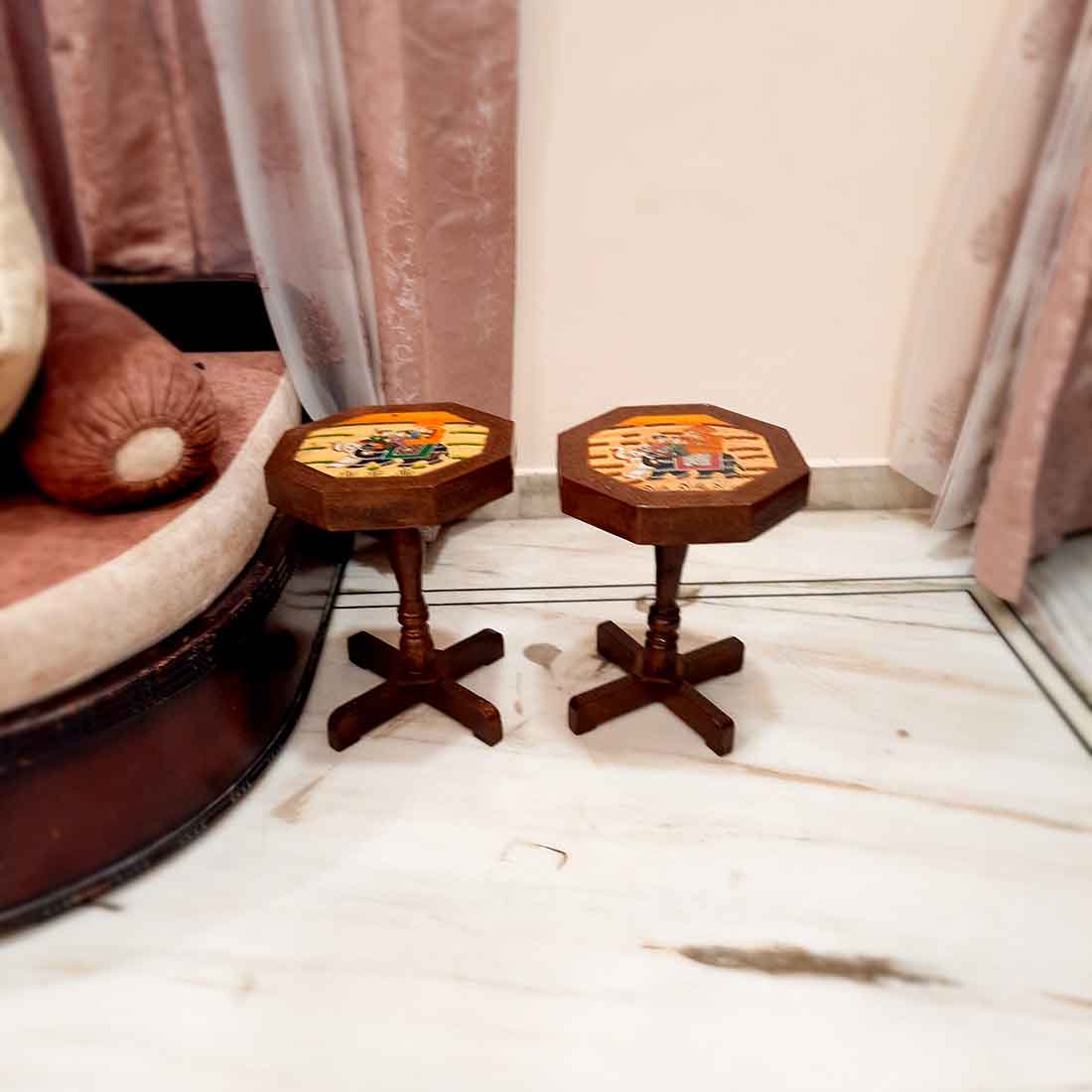 Wooden Side Table Set | End Table | Stool Set - for Living Room, Bedroom, Sofa Sides & Gifts - 15 Inch (Pack of 2) - Apkamart