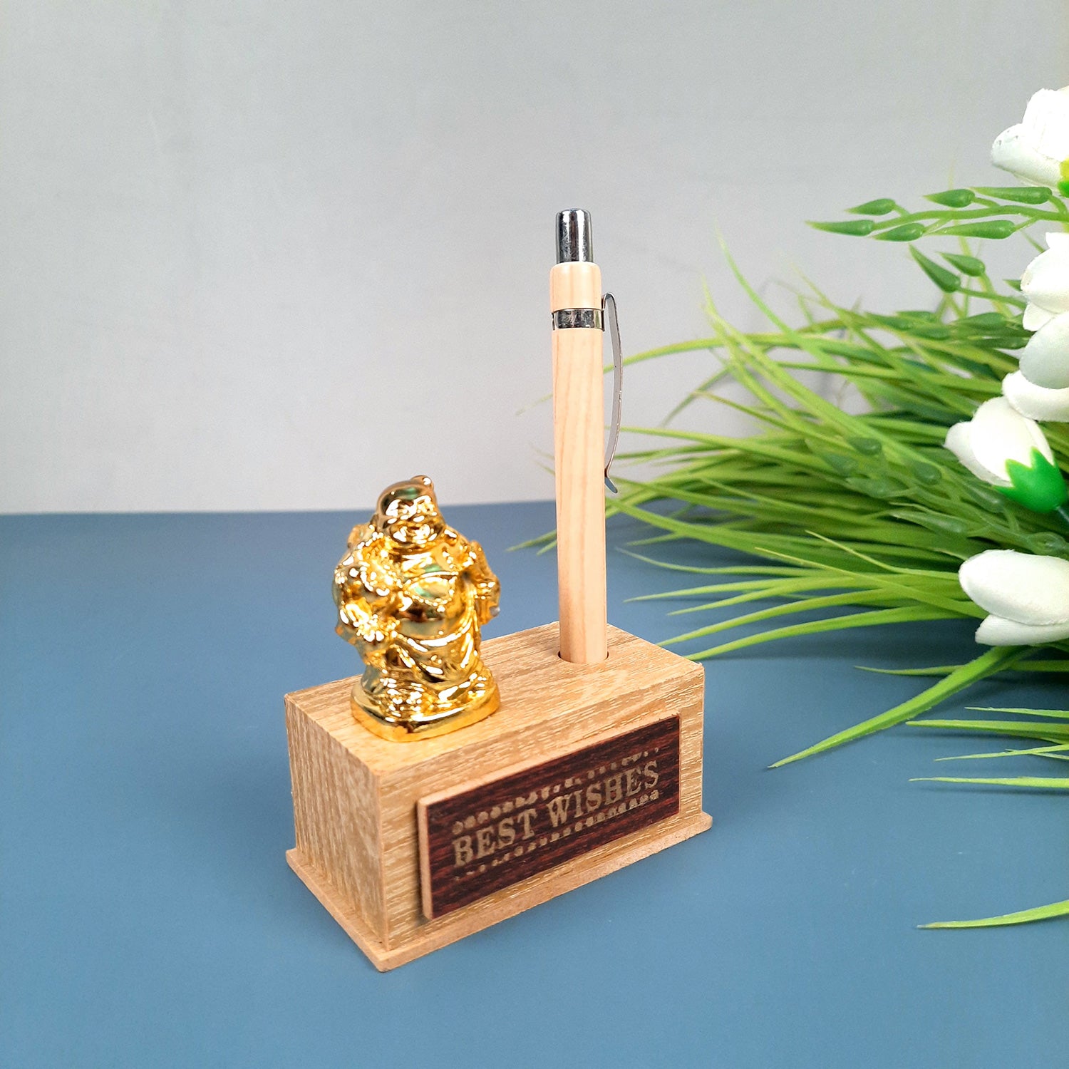 Pen Holder - Best Wishes Design With Laughing Buddha Showpiece | Wooden Stationary Organizers Stand - For Table, Desk Organizing, Home, Office Decor & Corporate Gifts - apkamart #Style_Design 2 With 1 Pen