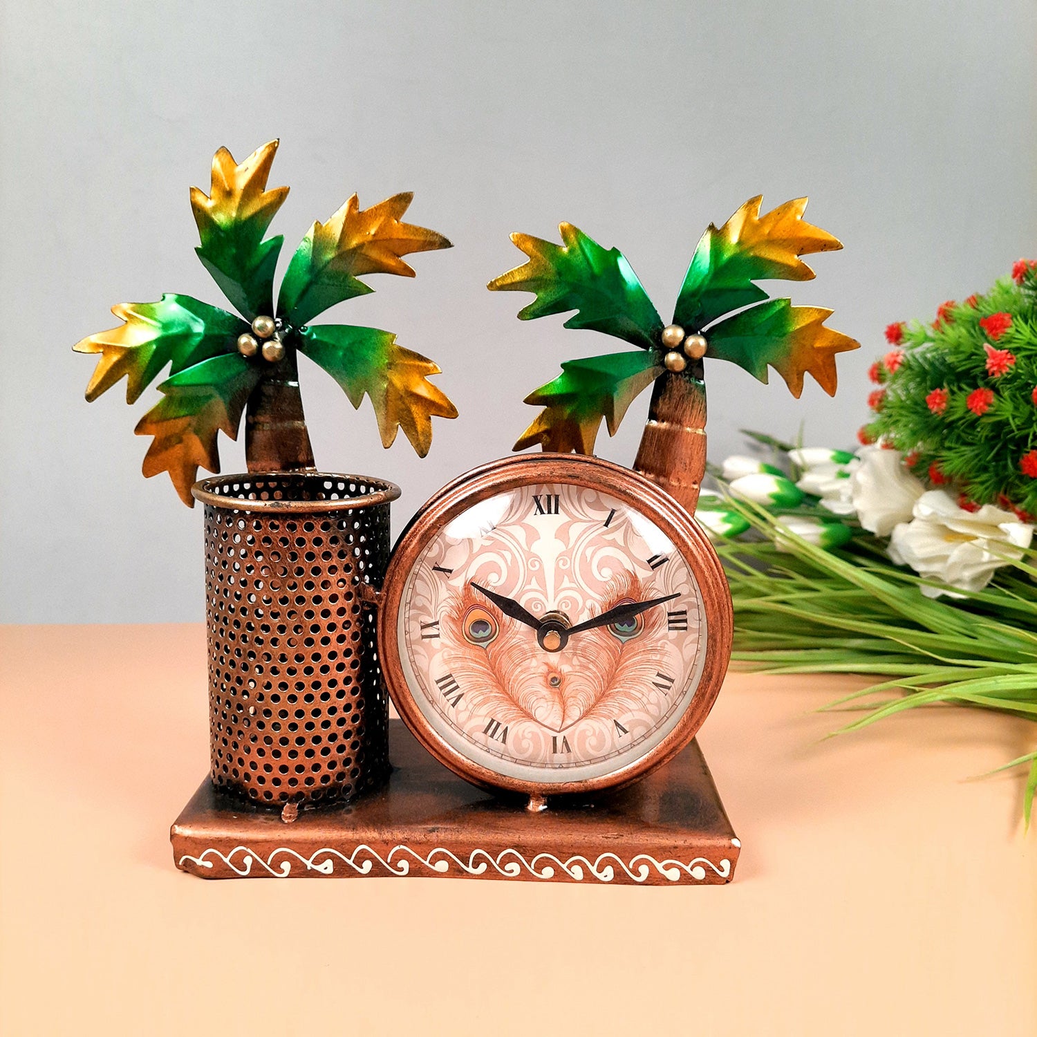 Pen Pencil Holder With Clock | Desk Organizer | Wooden Pencil Stand - For Home, Study Table, Desk, Office Decor, Gifts For Him Her - 10 Inch - apkamart