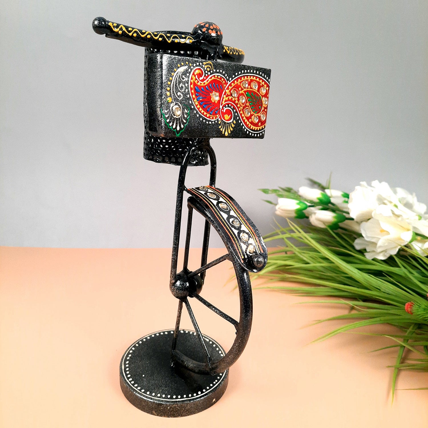 Pen Holder With Visiting Card Holder | Desk Organizer | Cycle Decorative Showpiece - For Gifts, Table, Desk Organizing, Home, Office Decor - apkamart