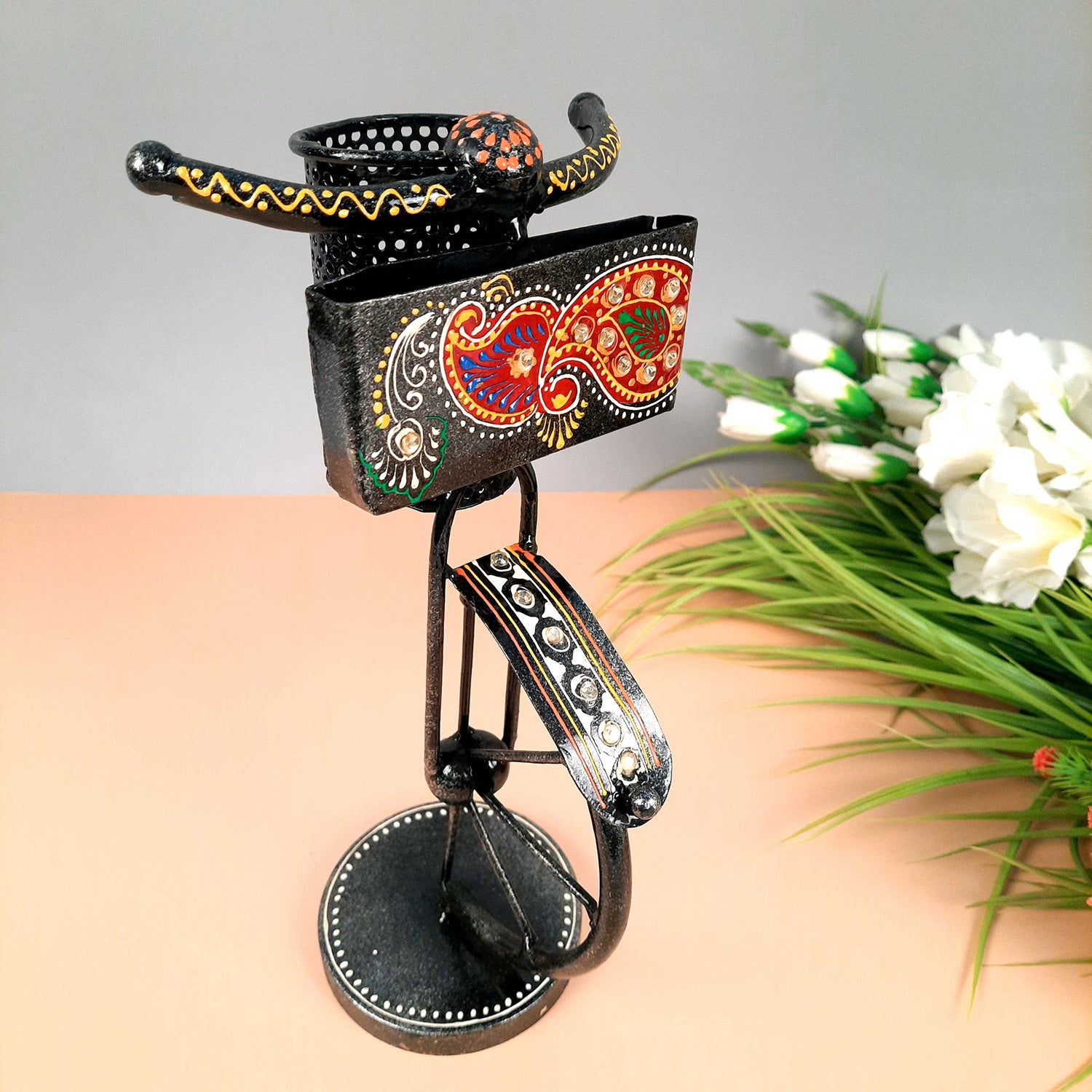 Pen Holder With Visiting Card Holder | Desk Organizer | Cycle Decorative Showpiece - For Gifts, Table, Desk Organizing, Home, Office Decor - apkamart