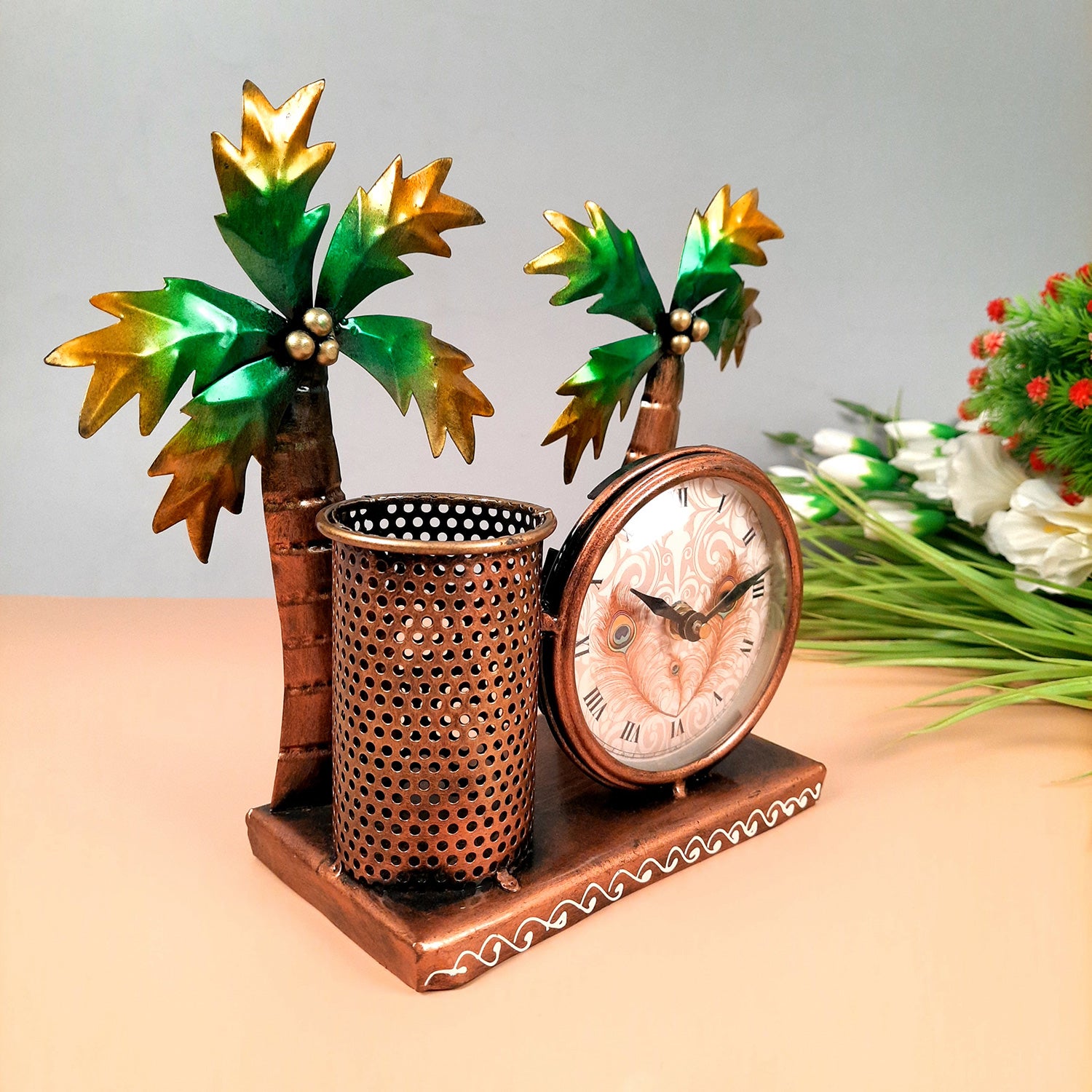 Pen Pencil Holder With Clock | Desk Organizer | Wooden Pencil Stand - For Home, Study Table, Desk, Office Decor, Gifts For Him Her - 10 Inch - apkamart