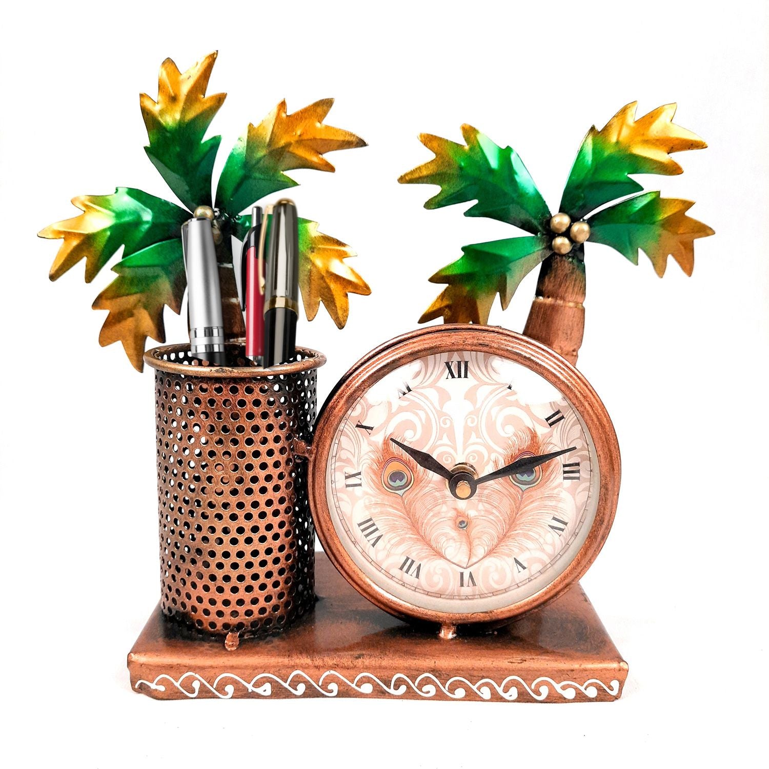 Pen Pencil Holder With Clock | Desk Organizer | Wooden Pencil Stand - For Home, Study Table, Desk, Office Decor, Gifts For Him Her - 10 Inch - apkamart