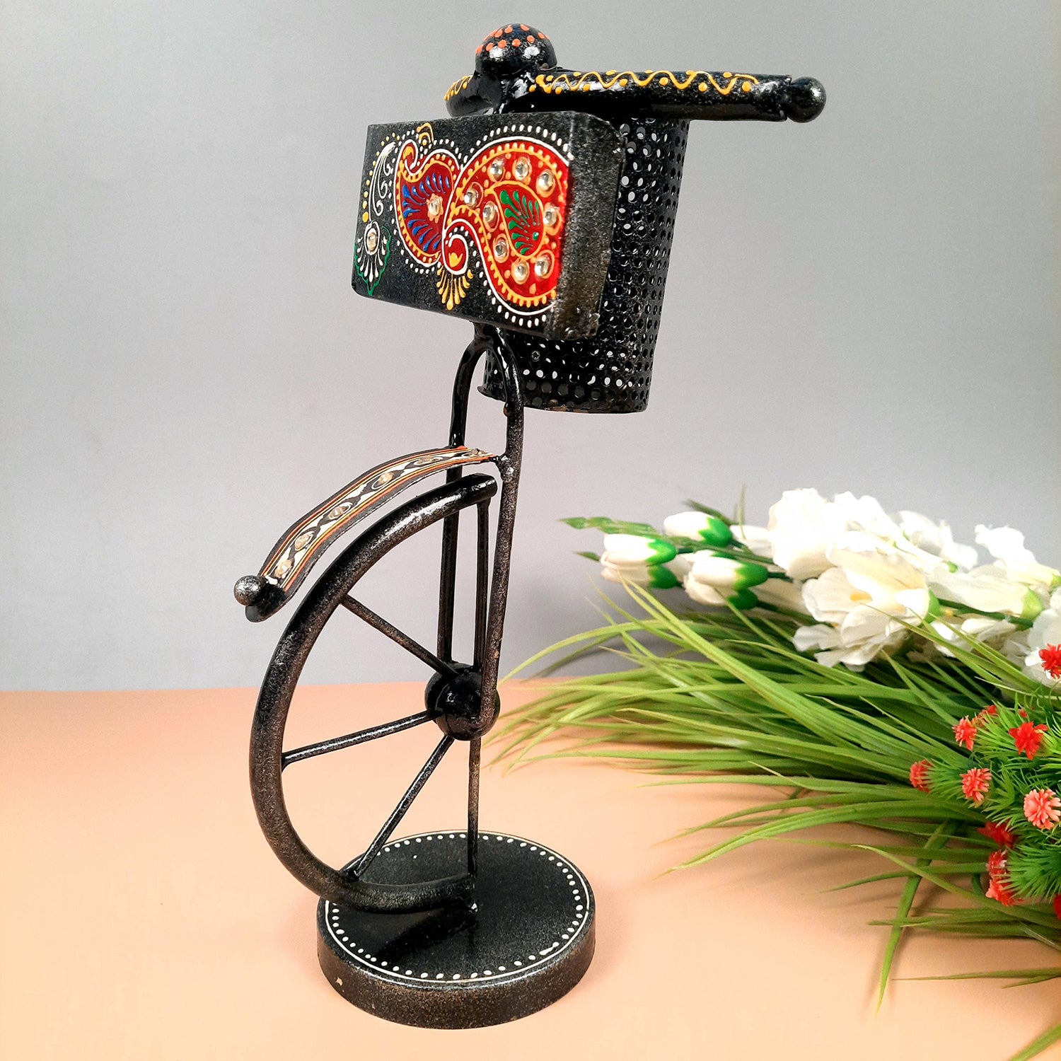 Pen Holder With Visiting Card Holder | Desk Organizer | Cycle Decorative Showpiece - For Gifts, Table, Desk Organizing, Home, Office Decor - apkamart