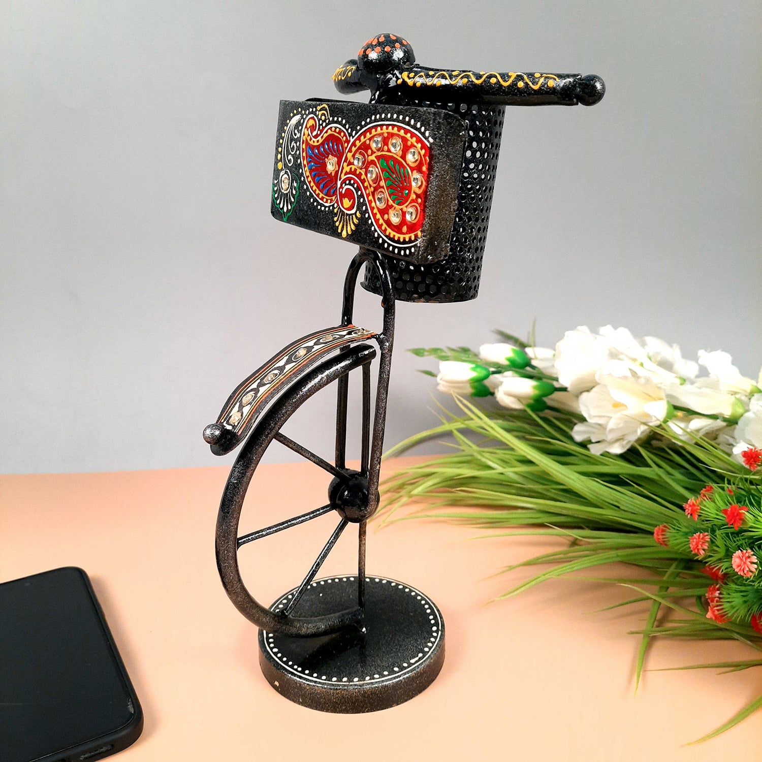 Pen Holder With Visiting Card Holder | Desk Organizer | Cycle Decorative Showpiece - For Gifts, Table, Desk Organizing, Home, Office Decor - apkamart