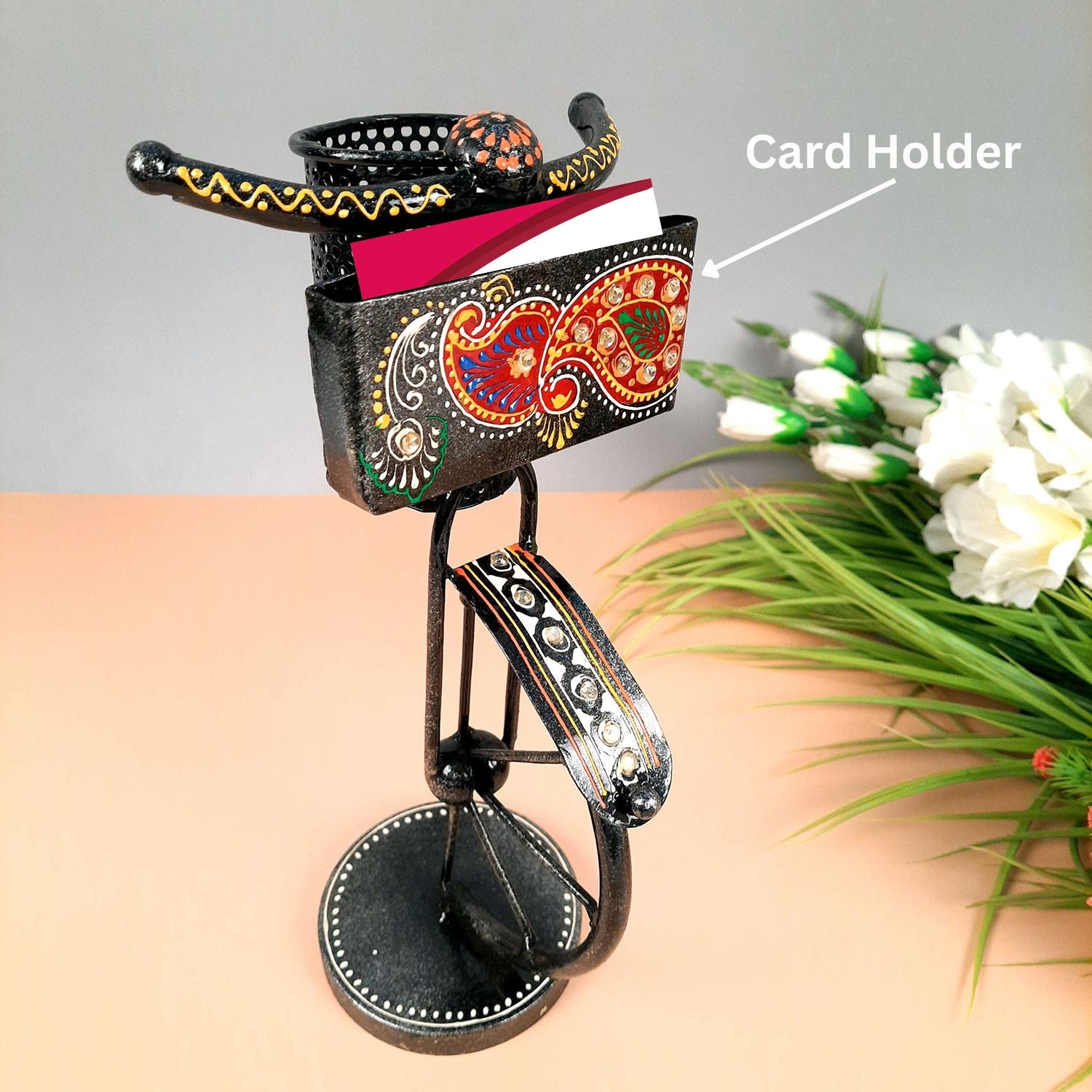 Pen Holder With Visiting Card Holder | Desk Organizer | Cycle Decorative Showpiece - For Gifts, Table, Desk Organizing, Home, Office Decor - apkamart