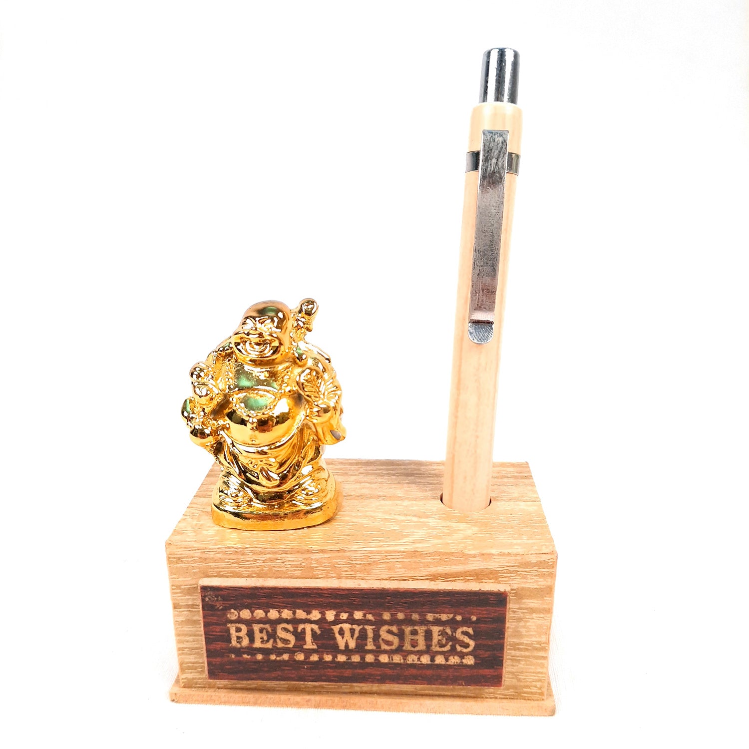 Pen Holder - Best Wishes Design With Laughing Buddha Showpiece | Wooden Stationary Organizers Stand - For Table, Desk Organizing, Home, Office Decor & Corporate Gifts - apkamart #Style_Design 2 With 1 Pen