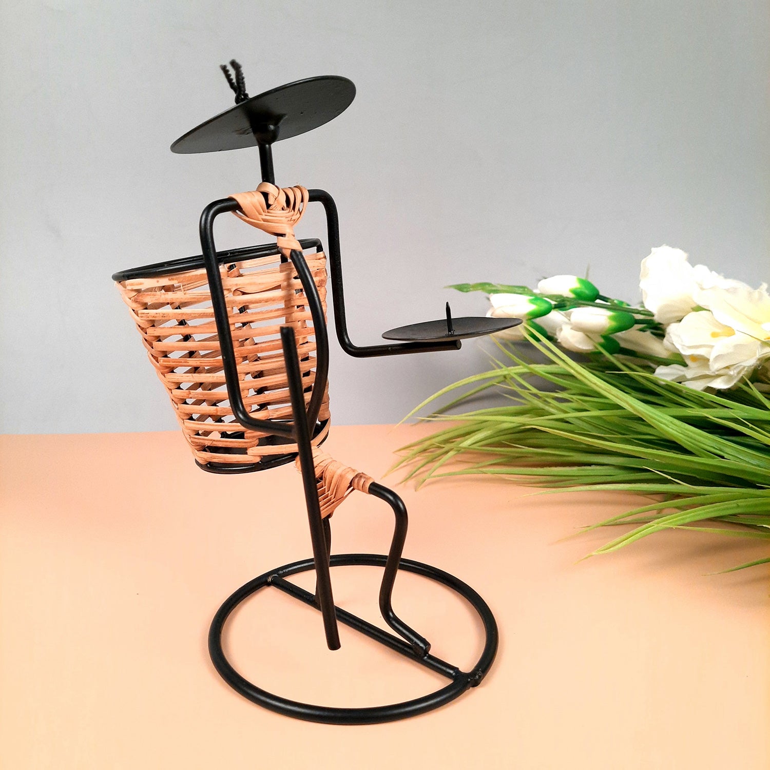 Pen Holder With Tea Light Holder | Desk Organizer - Lady With Basket Design - For Stationary Gifts, Table, Desk Organizing, Home, Office Decor - apkamart