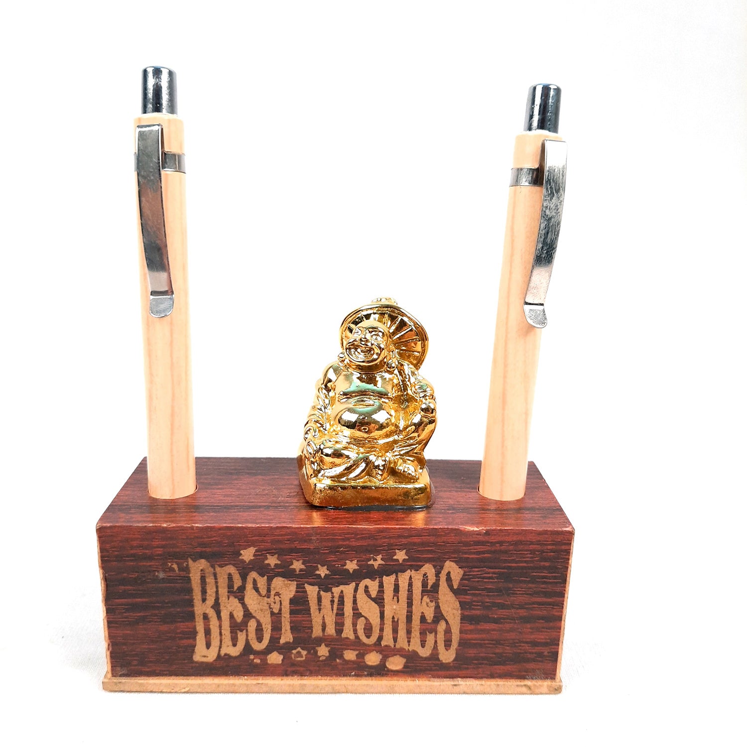 Pen Holder - Best Wishes Design With Laughing Buddha Showpiece | Wooden Stationary Organizers Stand - For Table, Desk Organizing, Home, Office Decor & Corporate Gifts - apkamart #Style_Design 1 With 2 Pen