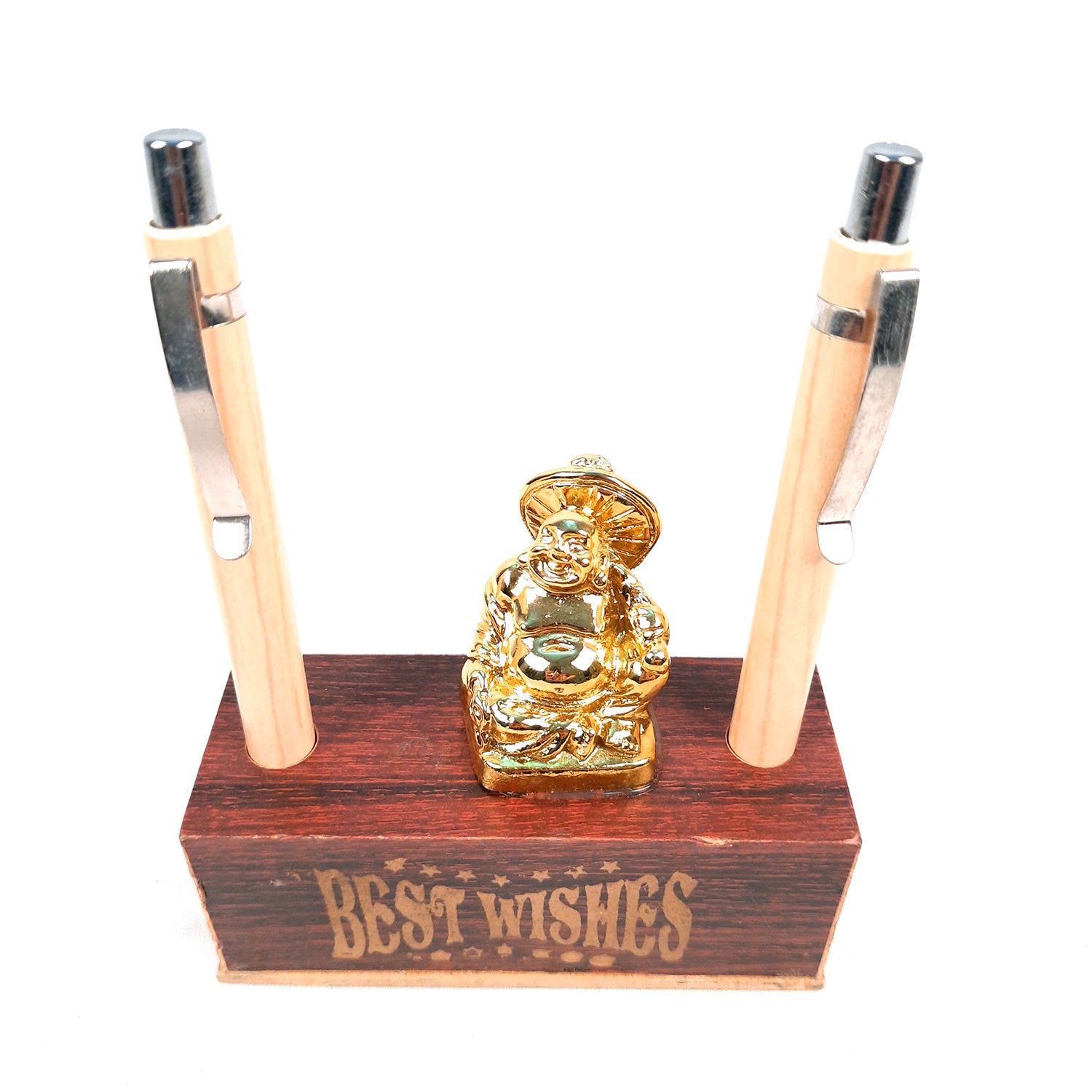 Pen Holder - Best Wishes Design With Laughing Buddha Showpiece | Wooden Stationary Organizers Stand - For Table, Desk Organizing, Home, Office Decor & Corporate Gifts - apkamart #Style_Design 1 With 2 Pen