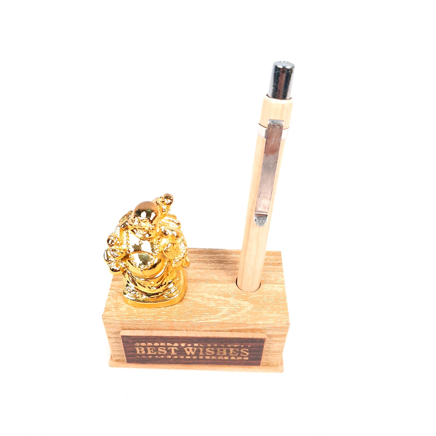 Pen Holder - Best Wishes Design With Laughing Buddha Showpiece | Wooden Stationary Organizers Stand - For Table, Desk Organizing, Home, Office Decor & Corporate Gifts - apkamart #Style_Design 2 With 1 Pen