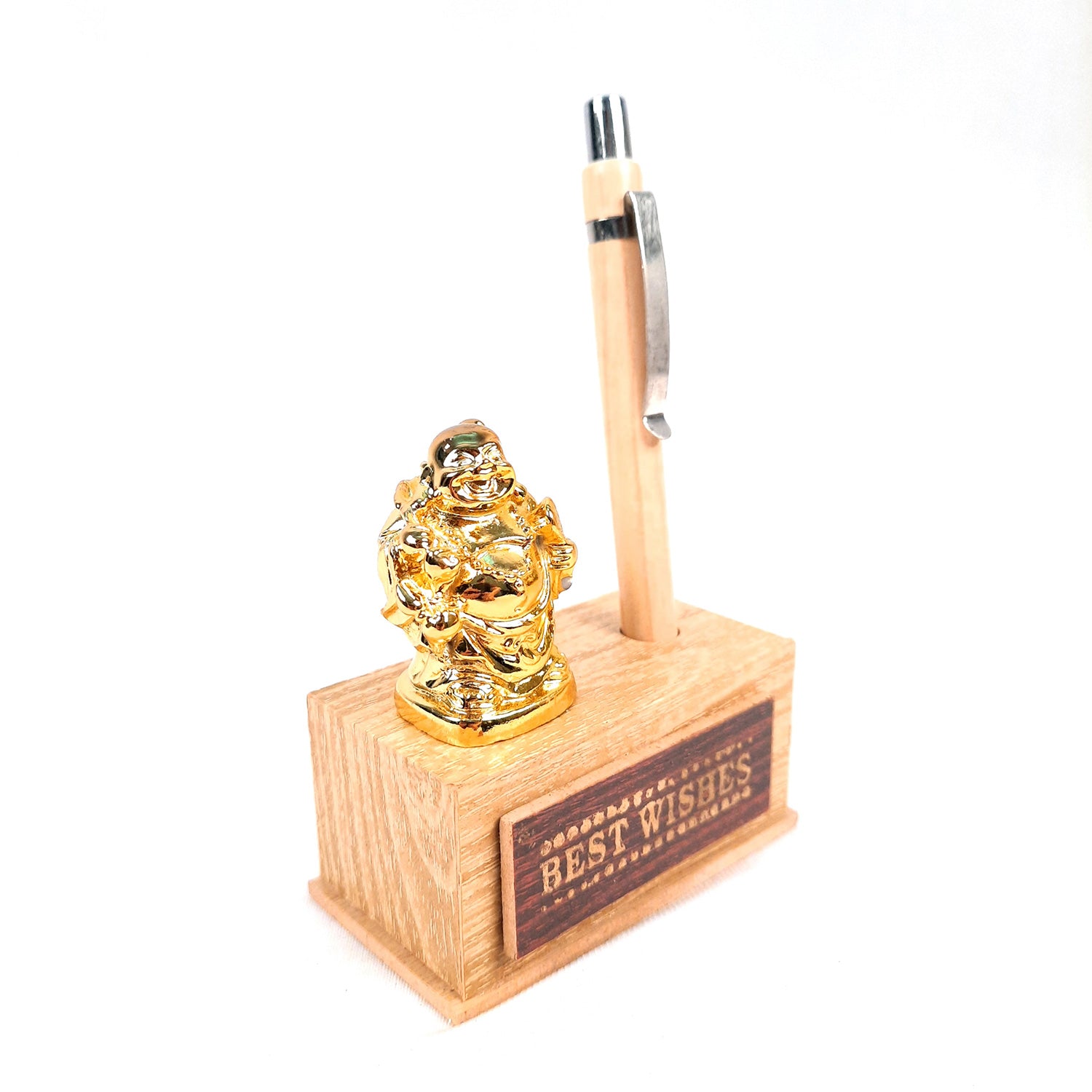 Pen Holder - Best Wishes Design With Laughing Buddha Showpiece | Wooden Stationary Organizers Stand - For Table, Desk Organizing, Home, Office Decor & Corporate Gifts - apkamart #Style_Design 2 With 1 Pen