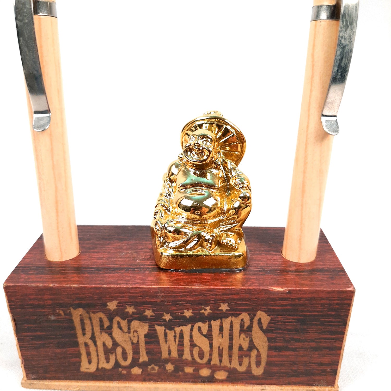 Pen Holder - Best Wishes Design With Laughing Buddha Showpiece | Wooden Stationary Organizers Stand - For Table, Desk Organizing, Home, Office Decor & Corporate Gifts - apkamart #Style_Design 1 With 2 Pen