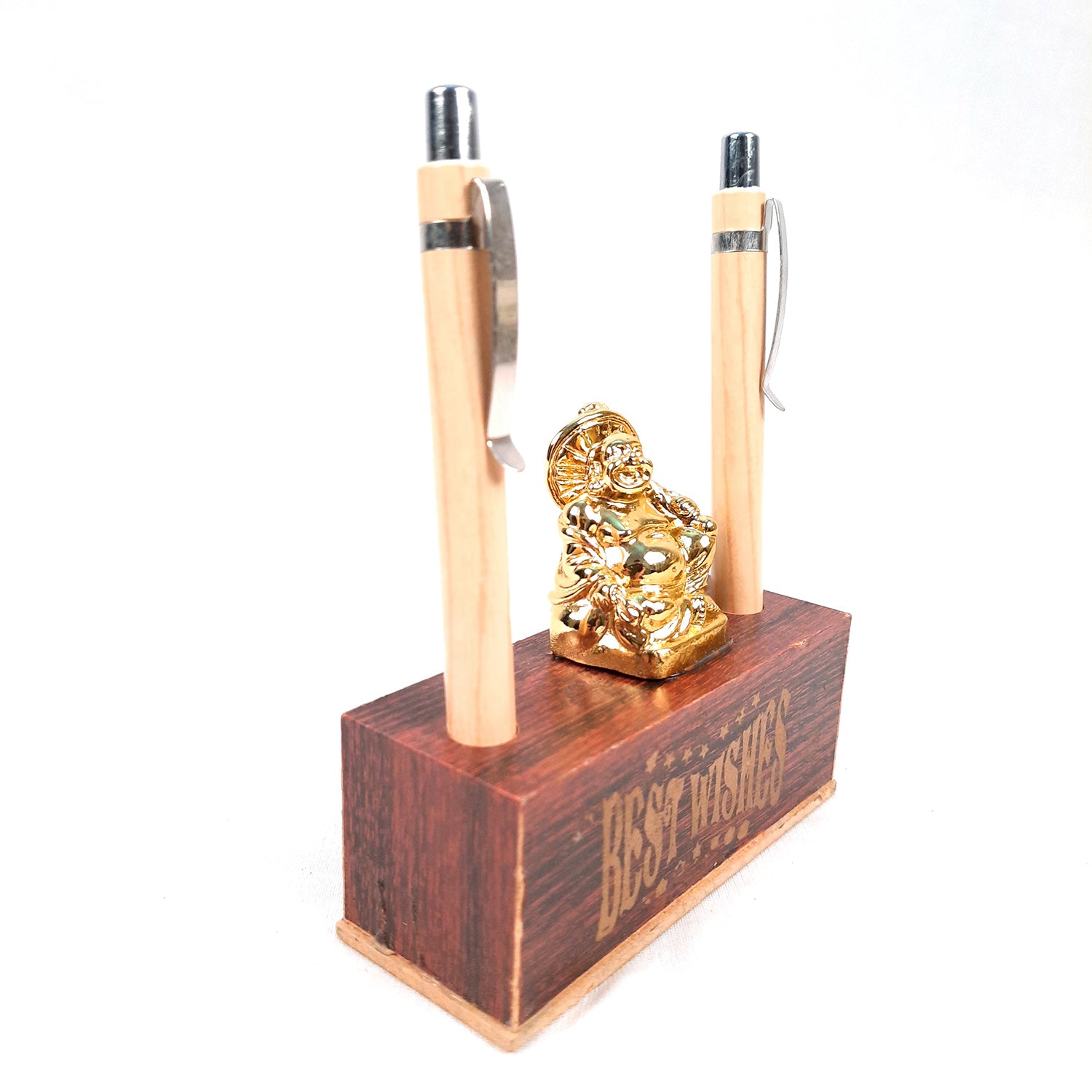 Pen Holder - Best Wishes Design With Laughing Buddha Showpiece | Wooden Stationary Organizers Stand - For Table, Desk Organizing, Home, Office Decor & Corporate Gifts - apkamart #Style_Design 1 With 2 Pen