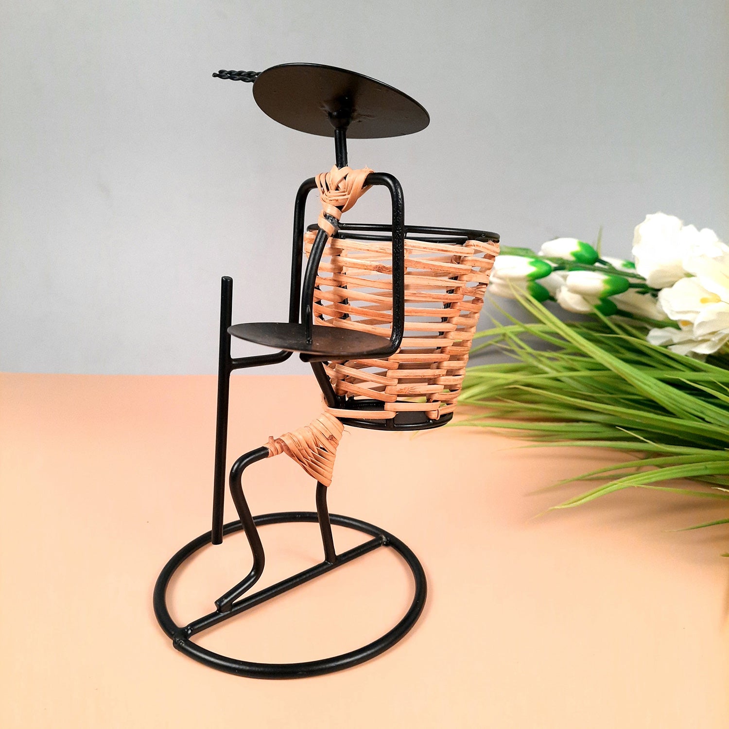 Pen Holder With Tea Light Holder | Desk Organizer - Lady With Basket Design - For Stationary Gifts, Table, Desk Organizing, Home, Office Decor - apkamart