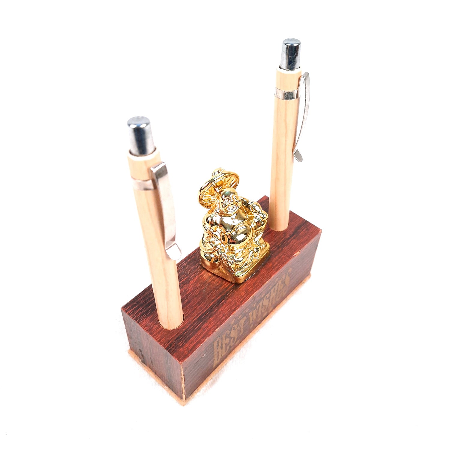 Pen Holder - Best Wishes Design With Laughing Buddha Showpiece | Wooden Stationary Organizers Stand - For Table, Desk Organizing, Home, Office Decor & Corporate Gifts - apkamart #Style_Design 1 With 2 Pen