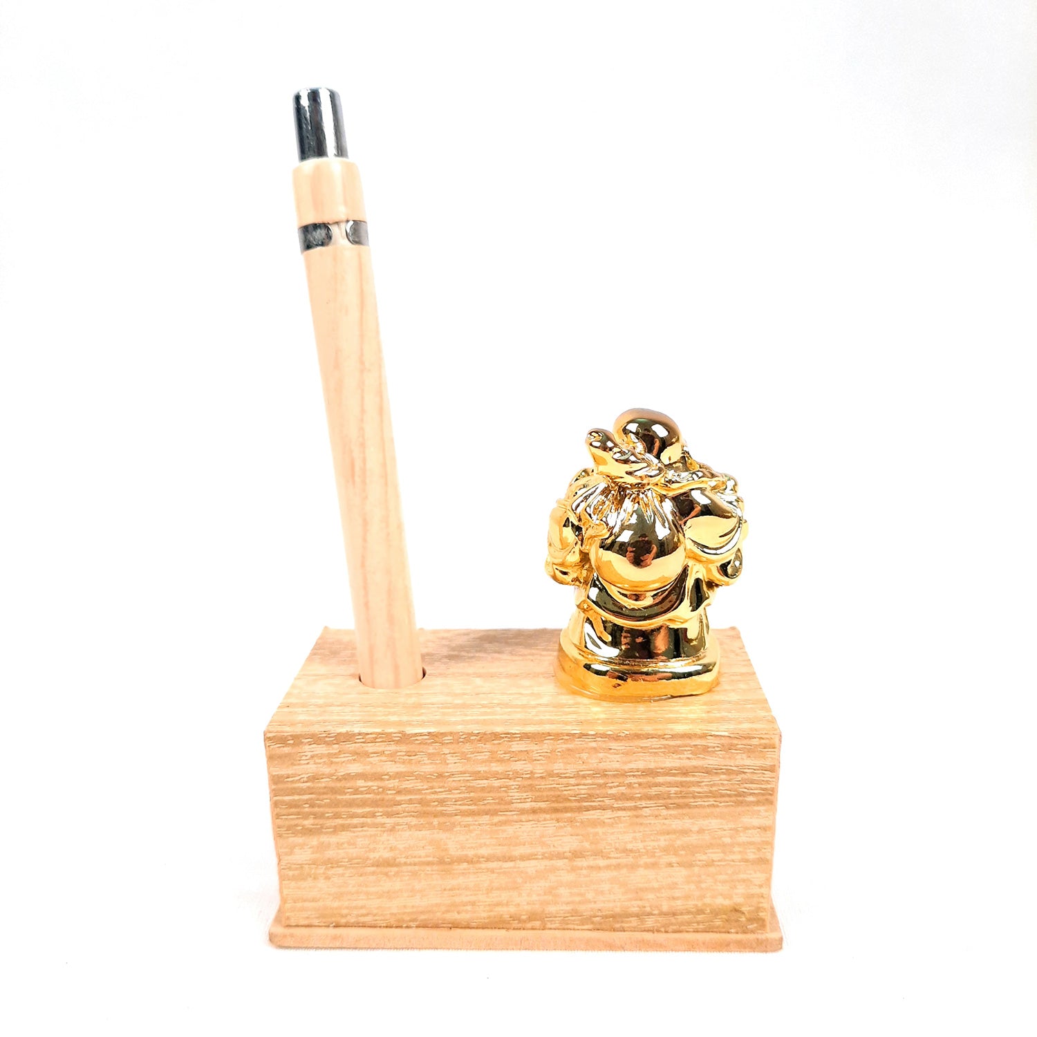 Pen Holder - Best Wishes Design With Laughing Buddha Showpiece | Wooden Stationary Organizers Stand - For Table, Desk Organizing, Home, Office Decor & Corporate Gifts - apkamart #Style_Design 2 With 1 Pen