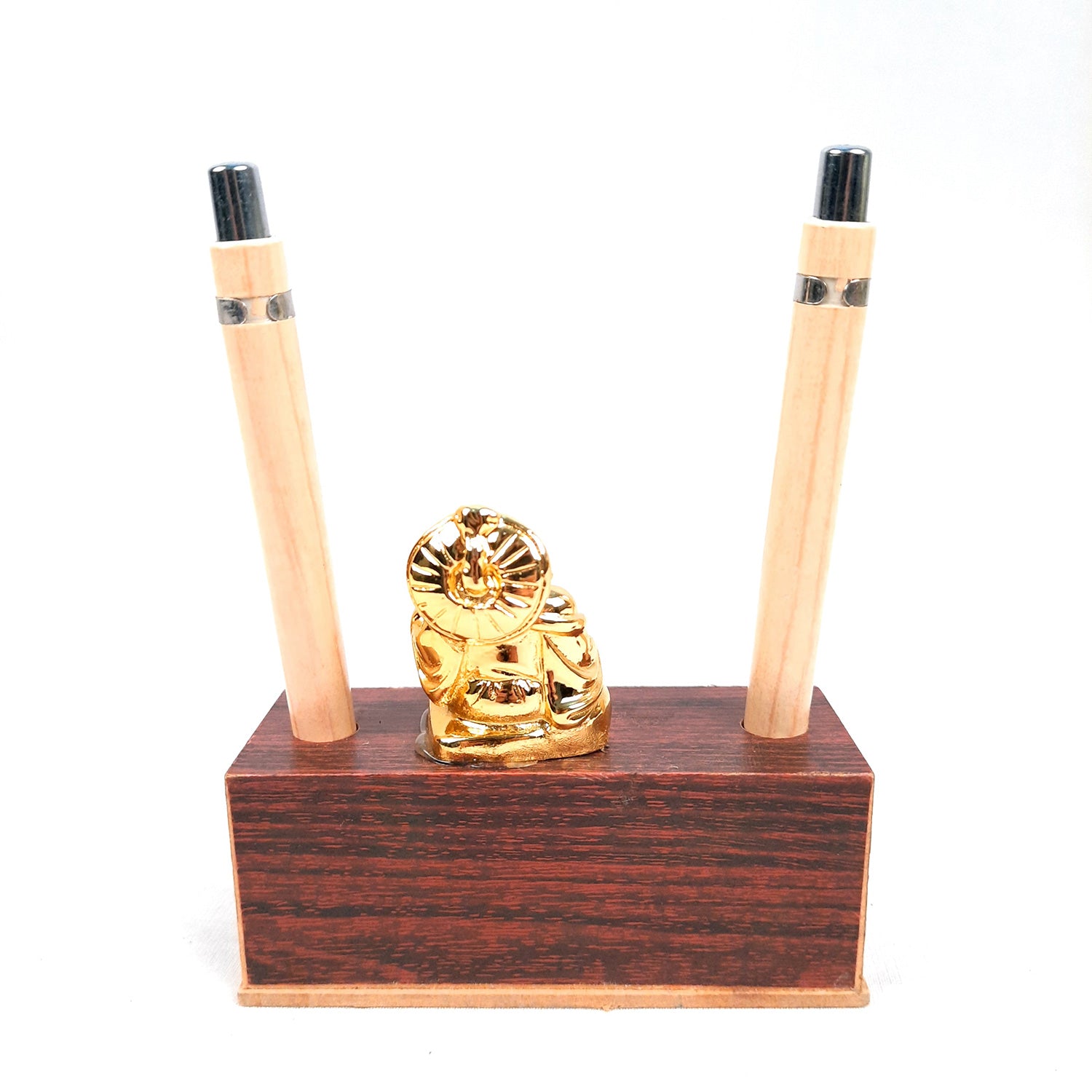 Pen Holder - Best Wishes Design With Laughing Buddha Showpiece | Wooden Stationary Organizers Stand - For Table, Desk Organizing, Home, Office Decor & Corporate Gifts - apkamart #Style_Design 1 With 2 Pen