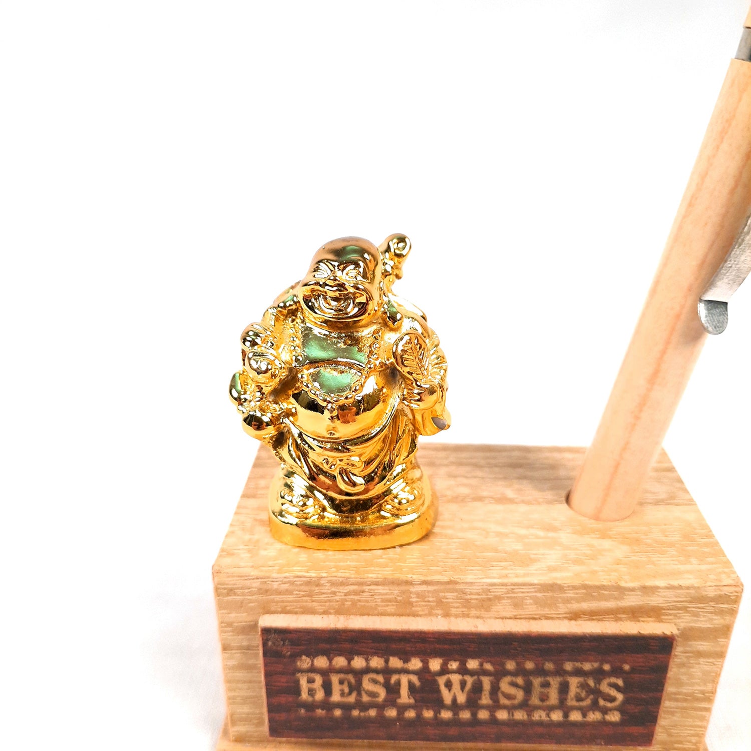 Pen Holder - Best Wishes Design With Laughing Buddha Showpiece | Wooden Stationary Organizers Stand - For Table, Desk Organizing, Home, Office Decor & Corporate Gifts - apkamart #Style_Design 2 With 1 Pen