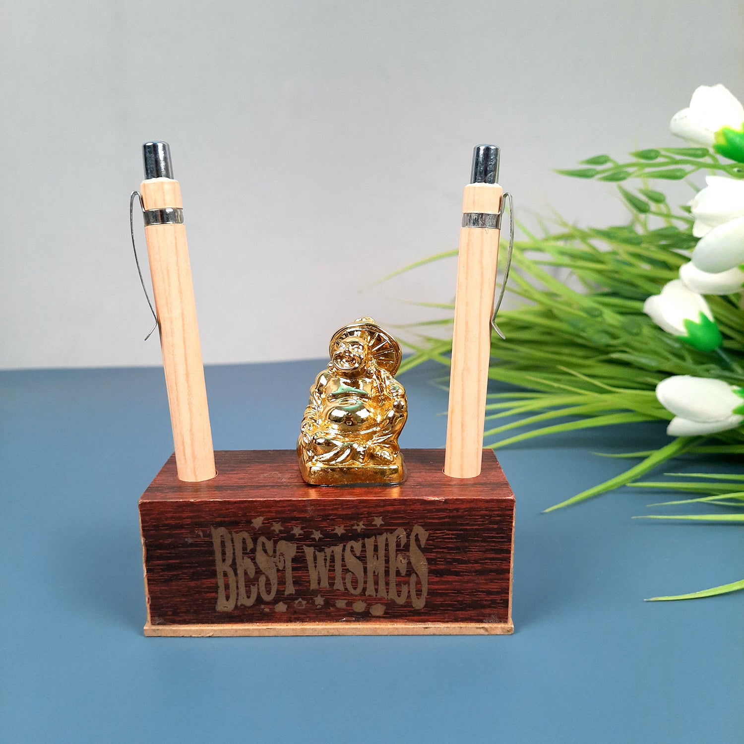 Pen Holder - Best Wishes Design With Laughing Buddha Showpiece | Wooden Stationary Organizers Stand - For Table, Desk Organizing, Home, Office Decor & Corporate Gifts - apkamart #Style_Design 1 With 2 Pen