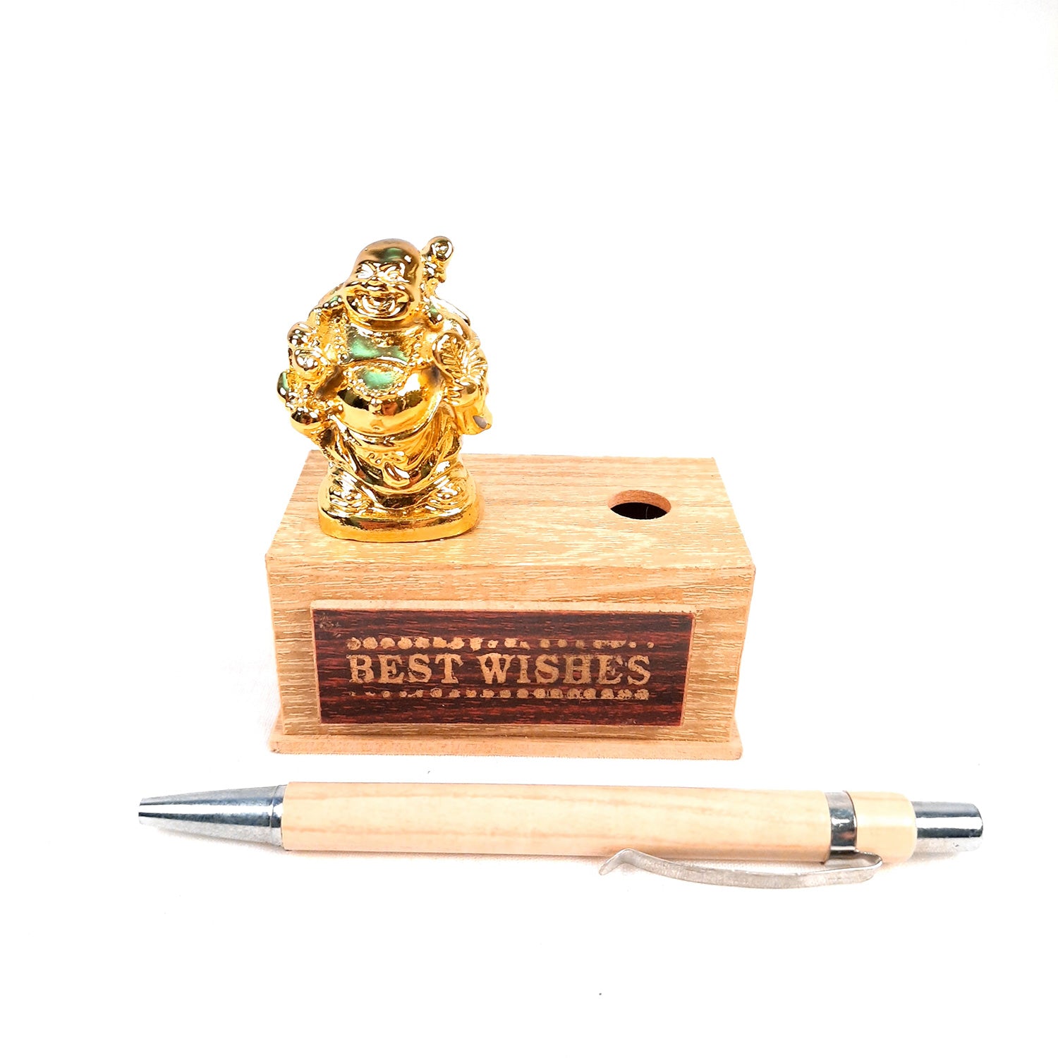 Pen Holder - Best Wishes Design With Laughing Buddha Showpiece | Wooden Stationary Organizers Stand - For Table, Desk Organizing, Home, Office Decor & Corporate Gifts - apkamart #Style_Design 2 With 1 Pen