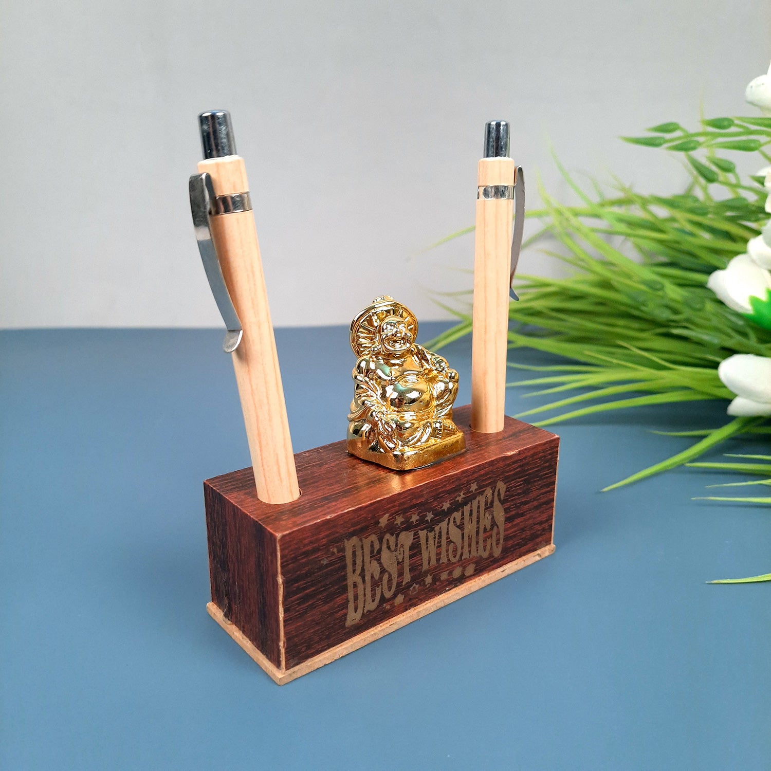 Pen Holder - Best Wishes Design With Laughing Buddha Showpiece | Wooden Stationary Organizers Stand - For Table, Desk Organizing, Home, Office Decor & Corporate Gifts - apkamart #Style_Design 1 With 2 Pen