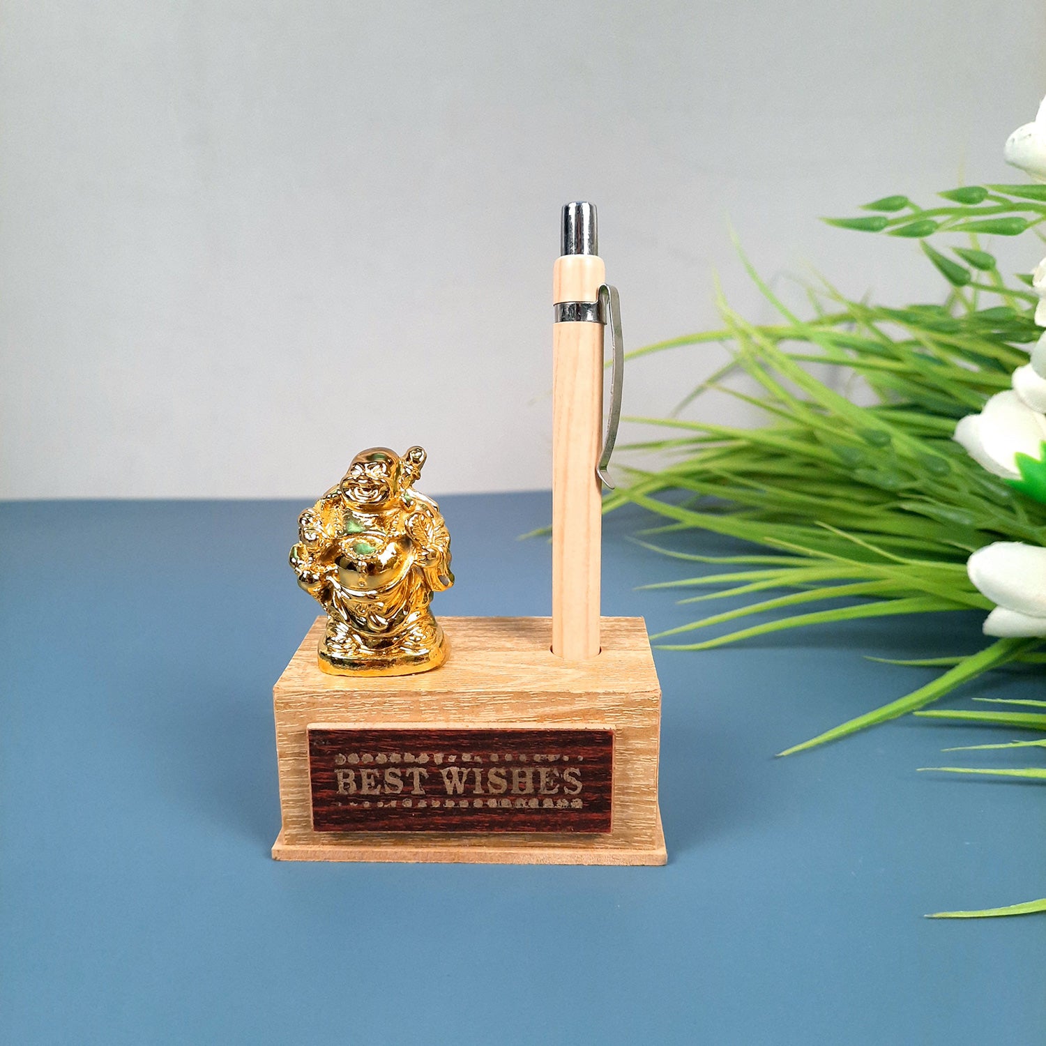 Pen Holder - Best Wishes Design With Laughing Buddha Showpiece | Wooden Stationary Organizers Stand - For Table, Desk Organizing, Home, Office Decor & Corporate Gifts - apkamart #Style_Design 2 With 1 Pen