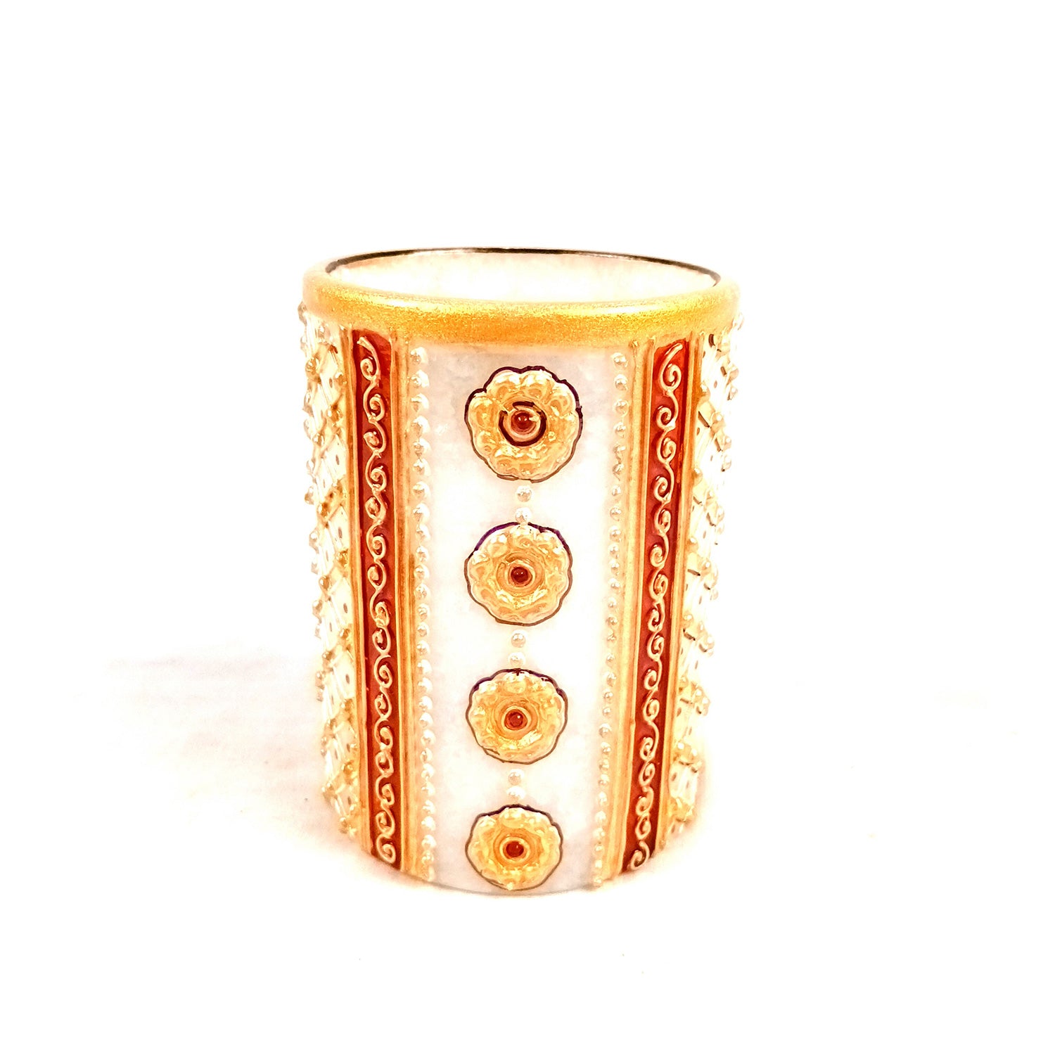 Multipurpose Holder For Pen, Cutlery, Napkin | Marble Decorative Stand With Golden Emboss & Kundan Work - For Home, office, Table, Dining, Kitchen Decor & Gifts - 4 Inch - Apkamrt #Style_Design 3