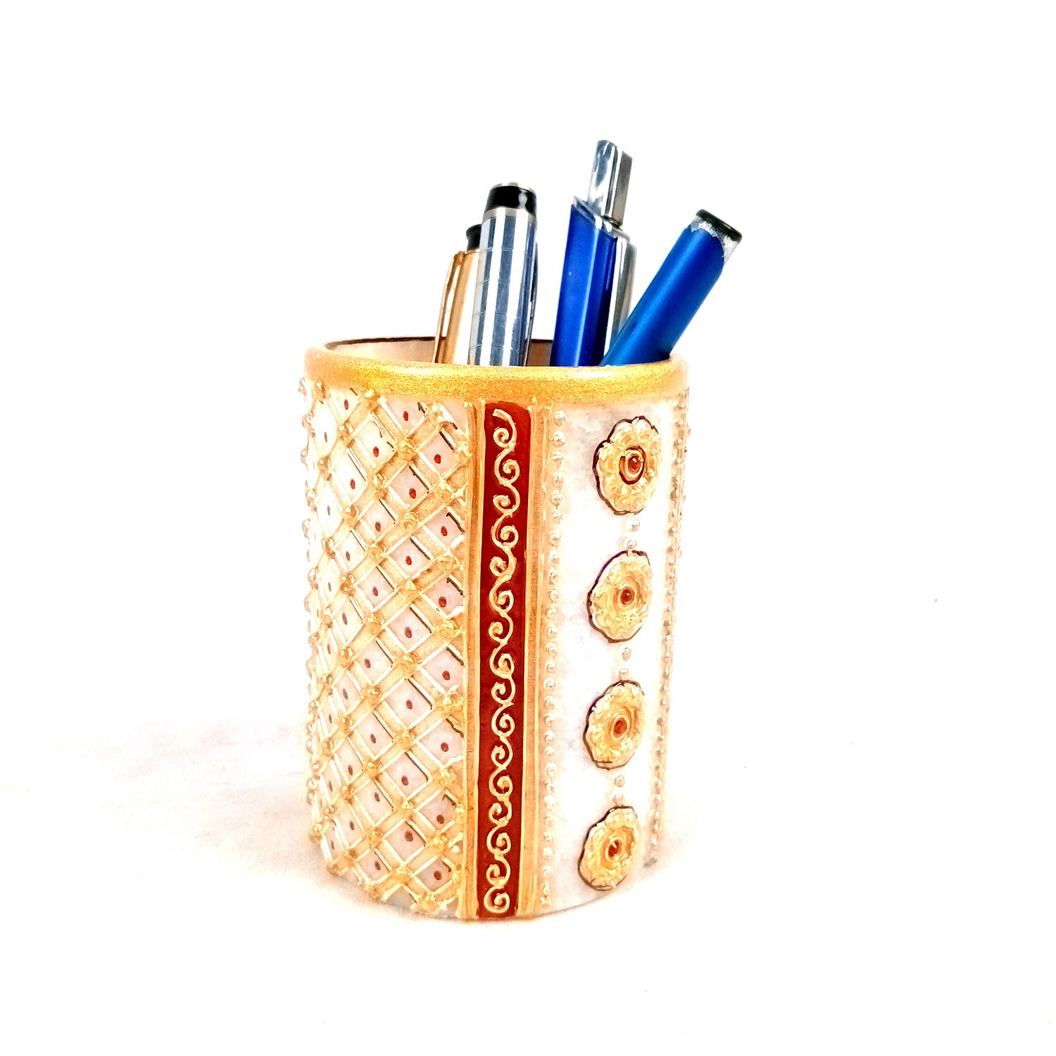 Multipurpose Holder For Pen, Cutlery, Napkin | Marble Decorative Stand With Golden Emboss & Kundan Work - For Home, office, Table, Dining, Kitchen Decor & Gifts - 4 Inch - Apkamrt #Style_Design 3