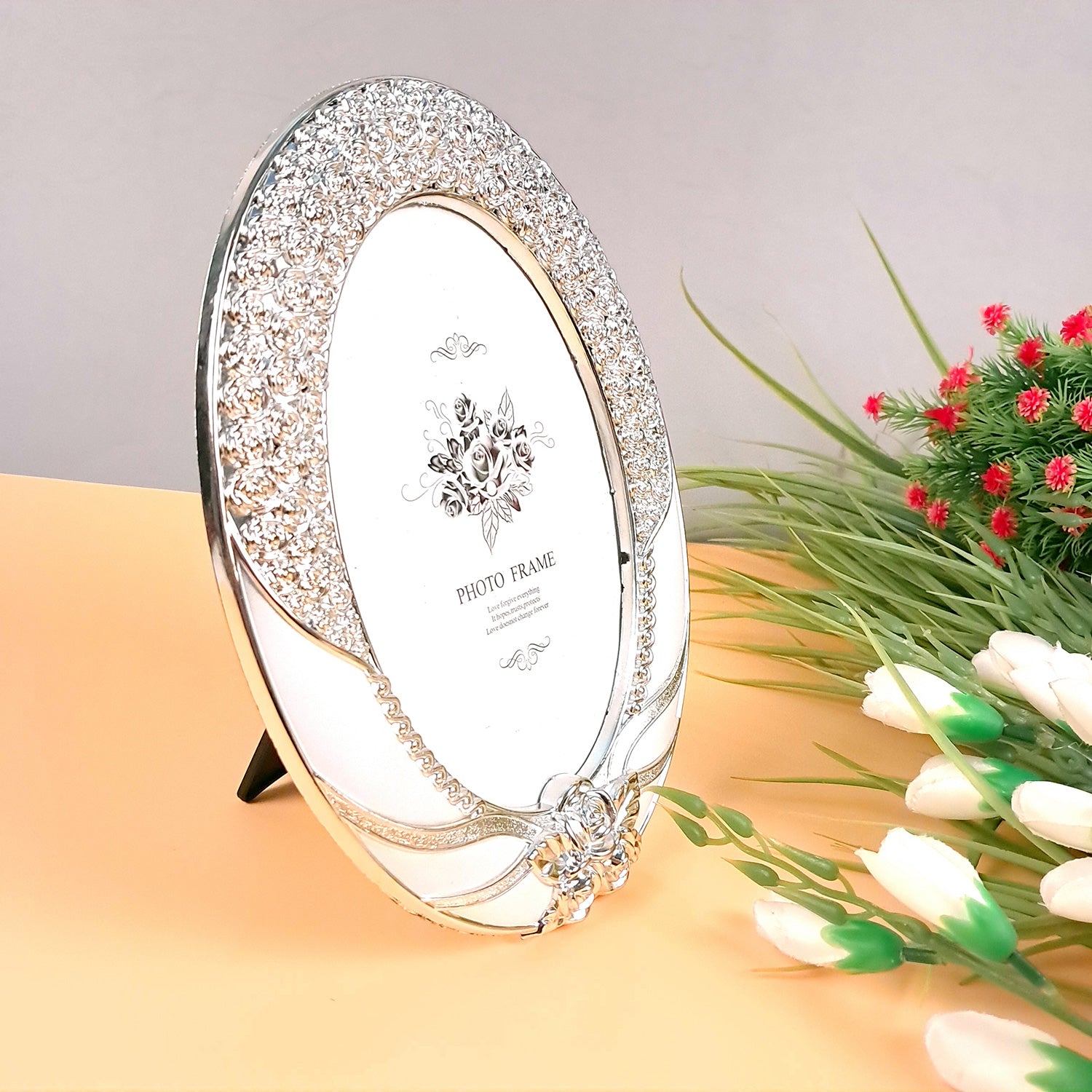 Table Photo Frame | Designer Oval Silver Picture Frames - For Home Decor, Office Desk, Bedroom & Living Room - apkamart