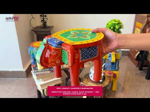 Elephant Table Showpiece | Animal Figurines - For Home, Living Room Decor & Gifts | Small Wood Stool - For Placing Small Pots & Showpieces - 8 Inch - apkamart #Color_Orange